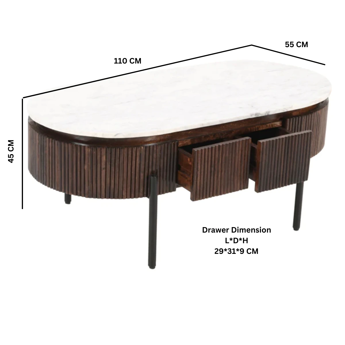 Opal Mango Wood Coffee Table Marble Top Fluted Base With Metal Legs For Living Room by Indian Hub