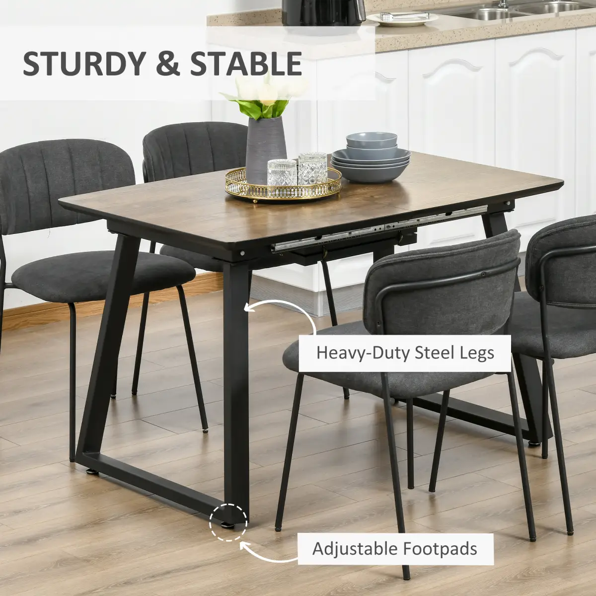 Extendable Dining Table Rectangular Wood Effect Tabletop with Metal Frame - Dining Table