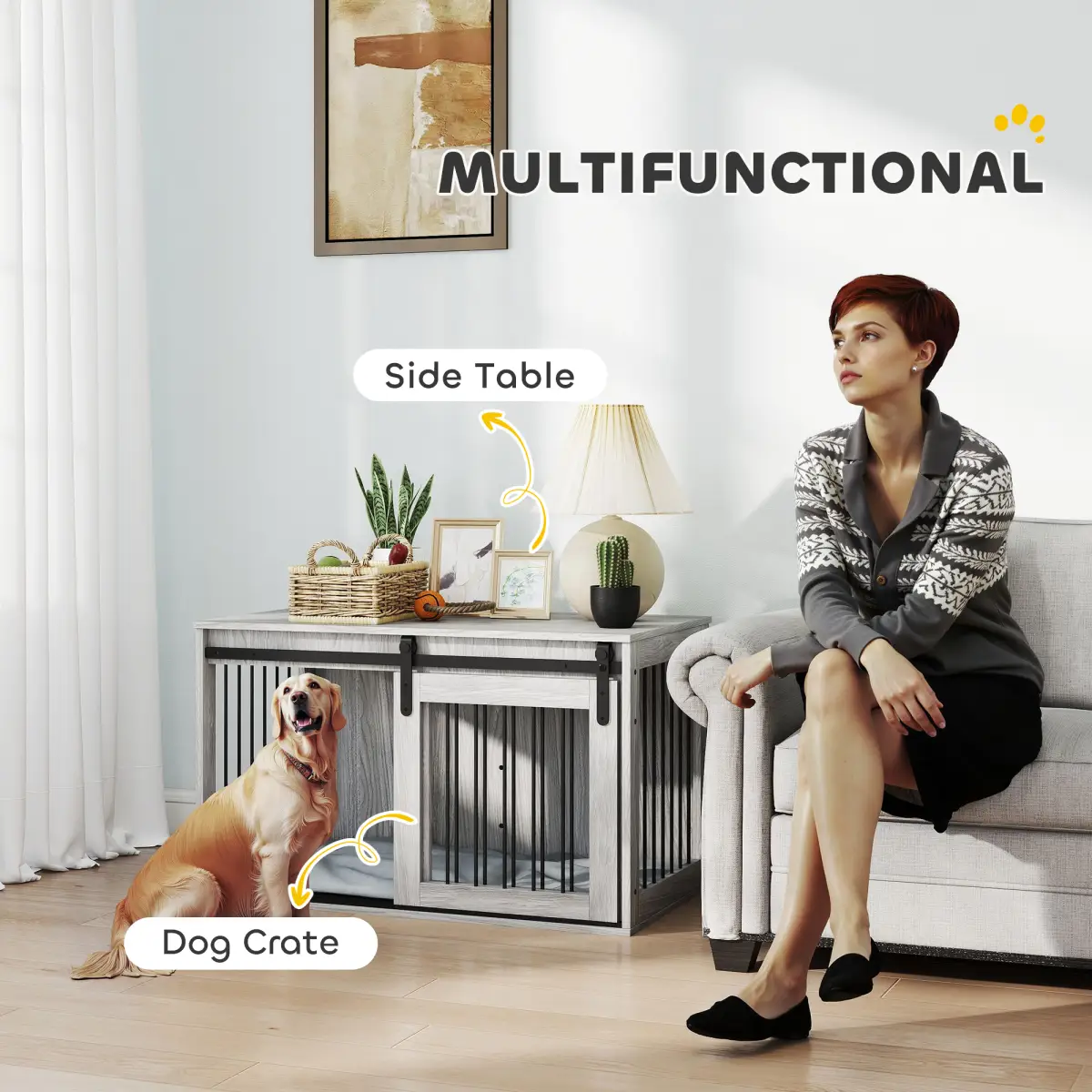 PawHut PawHut Dog Crate Furniture with Removable Cushion for Large Dogs - Grey - Dog Crate