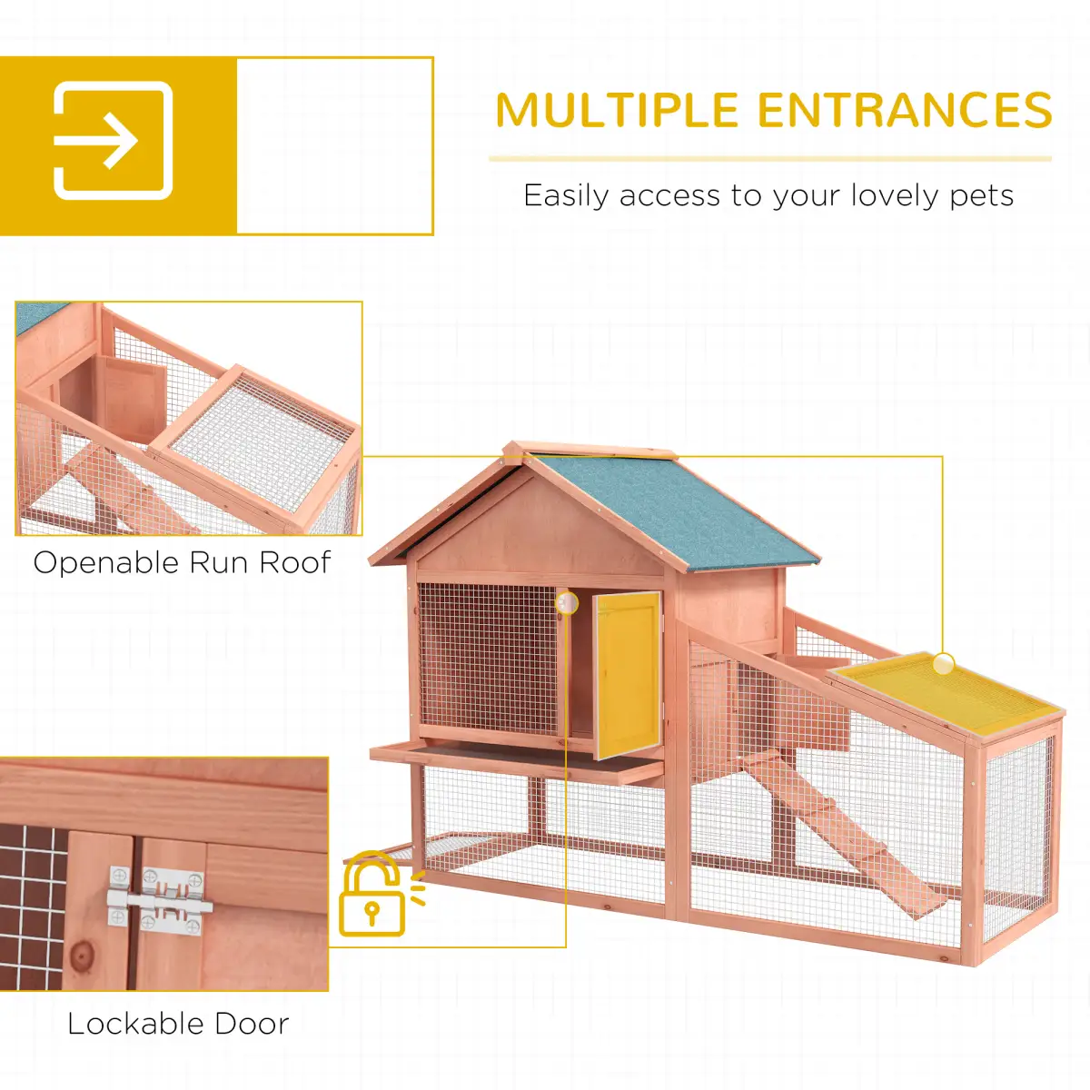 Pawhut 2 Tier Wood Rabbit Hutch Water Resistant Asphalt Roof Ramp 144 x 64.5 x 100 cm - Rabbit Hutch