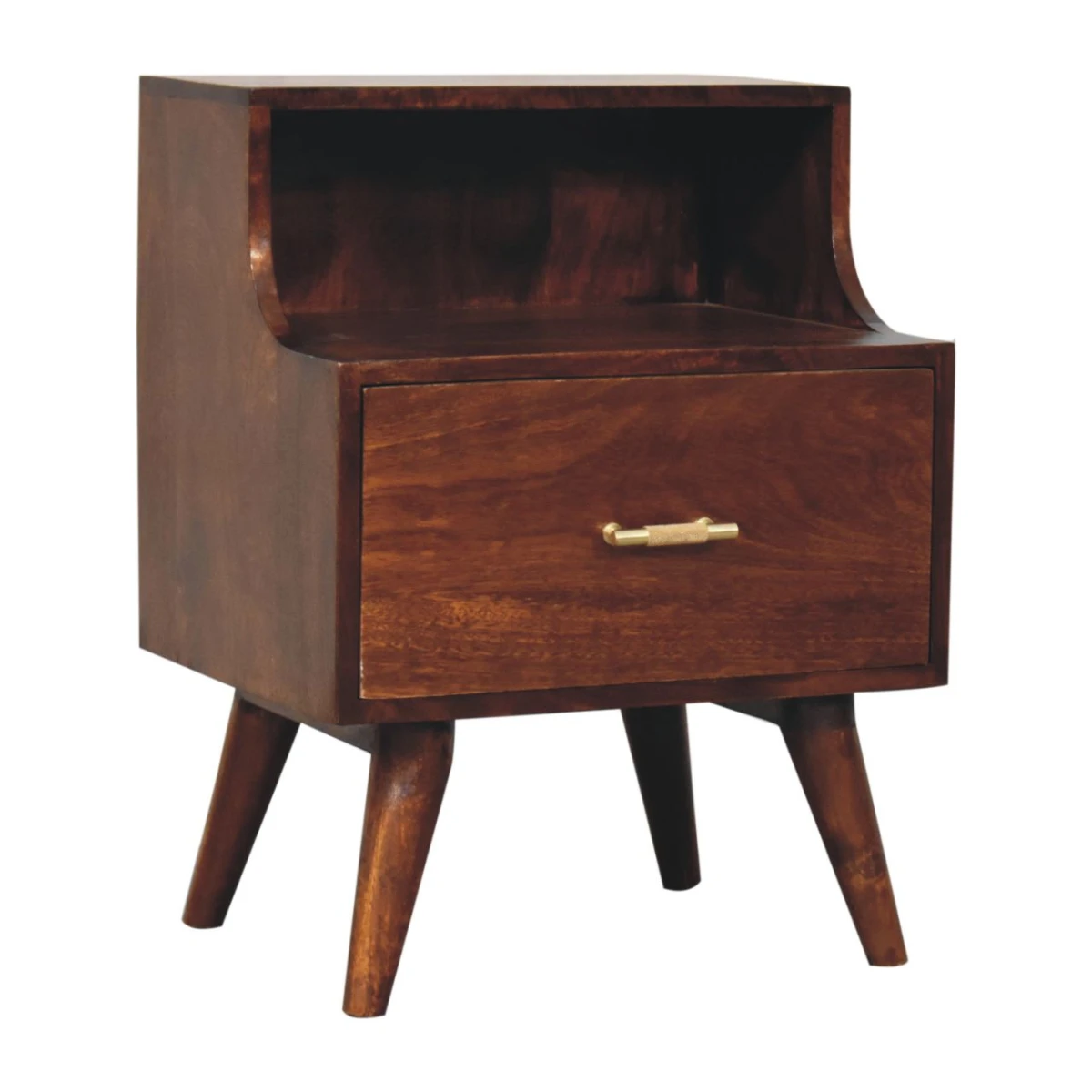 Artisan Solid Wood Bedside Table 18x14x24 Raised Back Shelf T Bar Drawer Mango Chestnut For Bedroom by Artisan Furniture