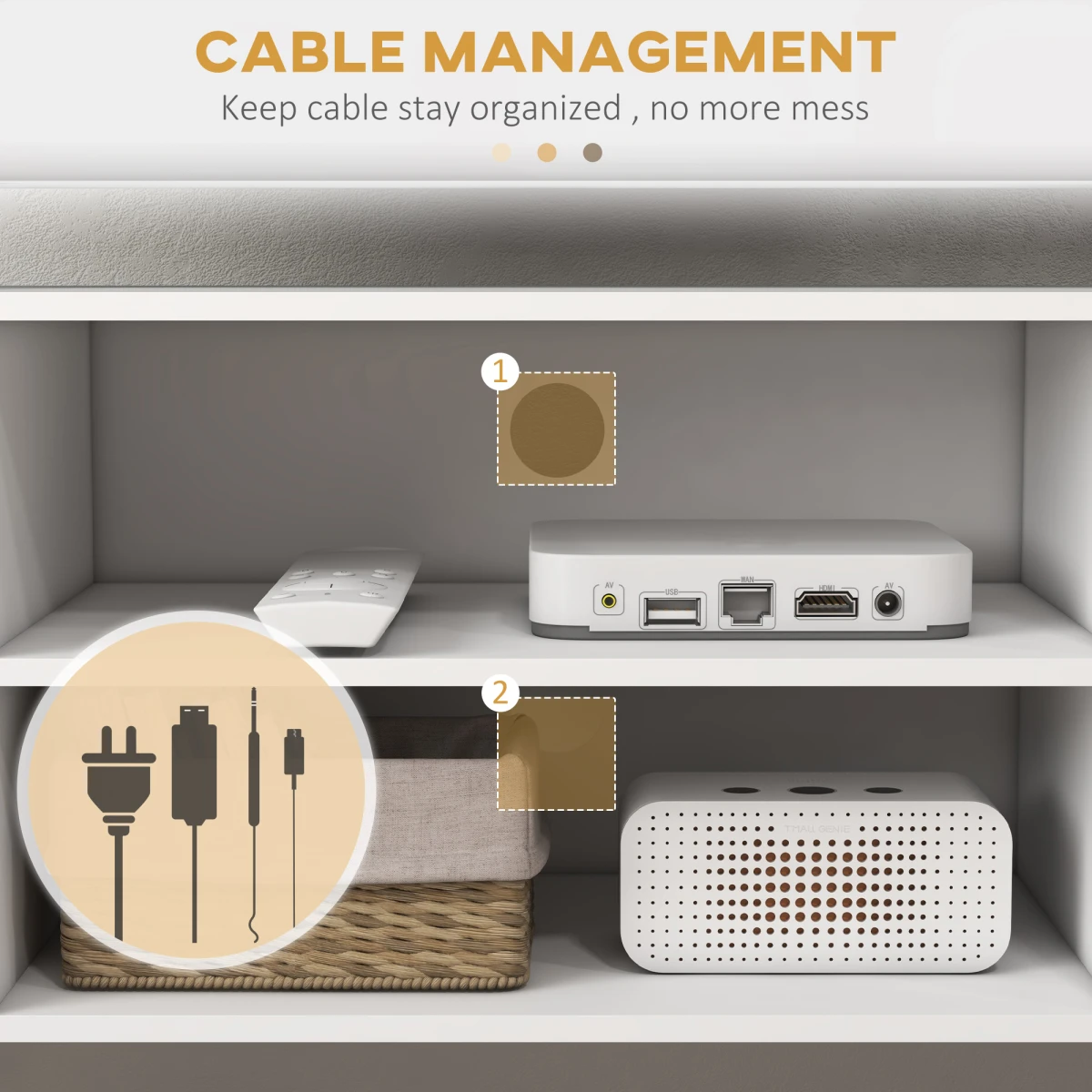 White TV Stand Cabinet 55 Inch Cable Management Living Room - TV Unit