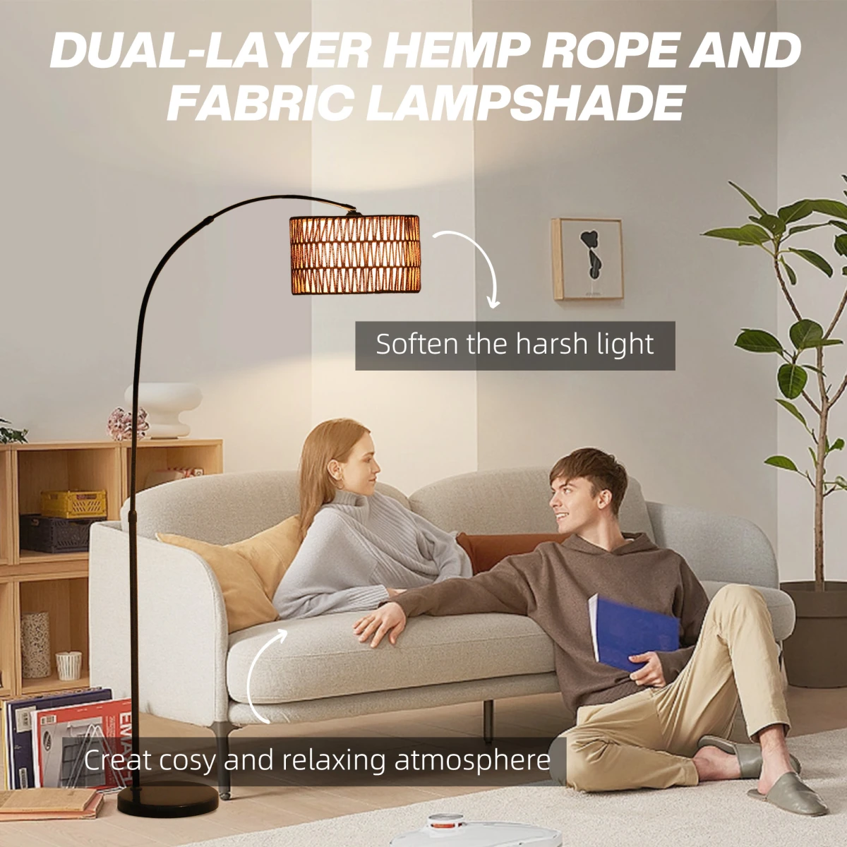 N/A Premium Floor Lamp With Adjustable Height Lantern Shade Hemp Rope Marble Base Foot Switch For Living Room - Lamp