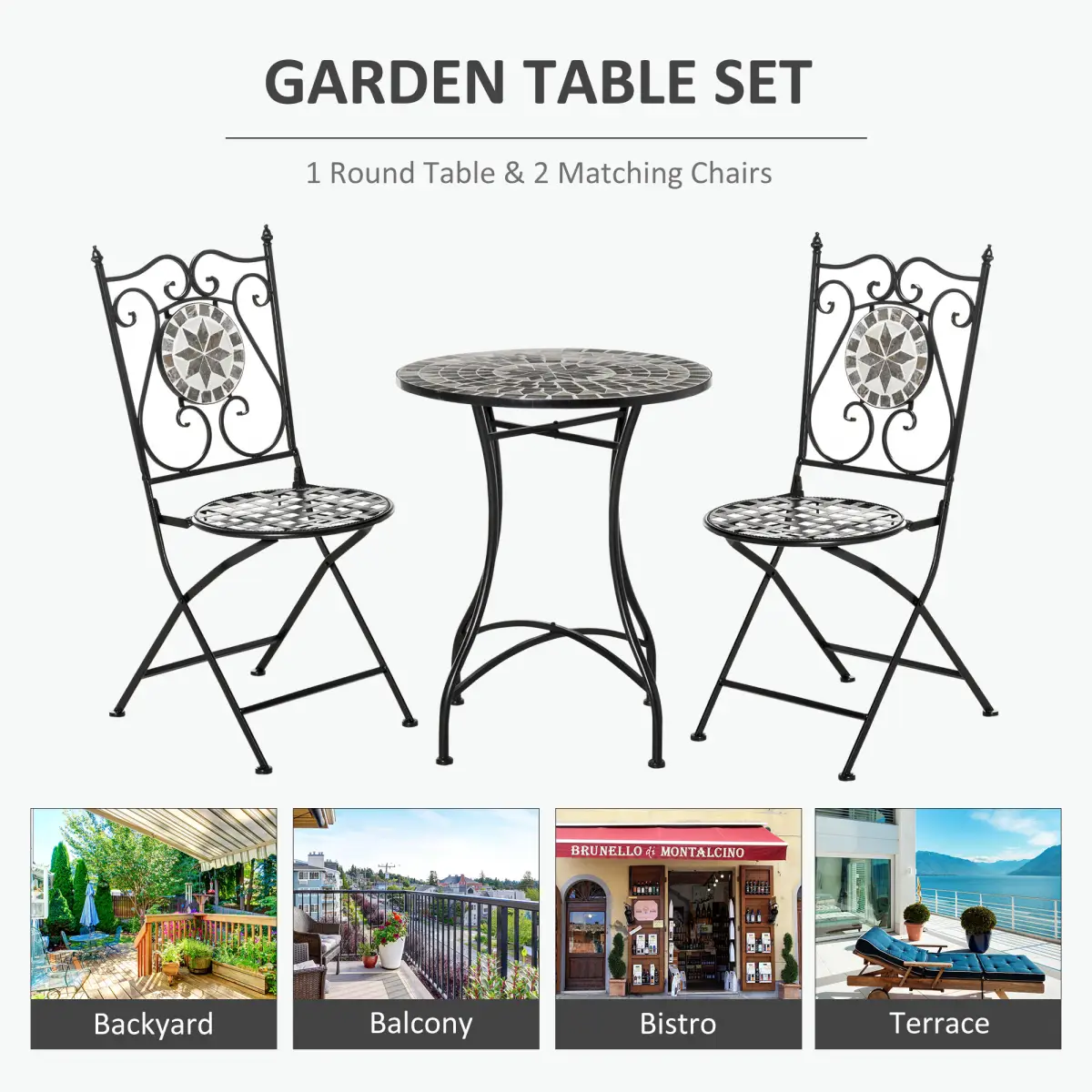 Outsunny 3Pc Mosaic Tile Garden Bistro Set Folding Chairs - Bistro Sets