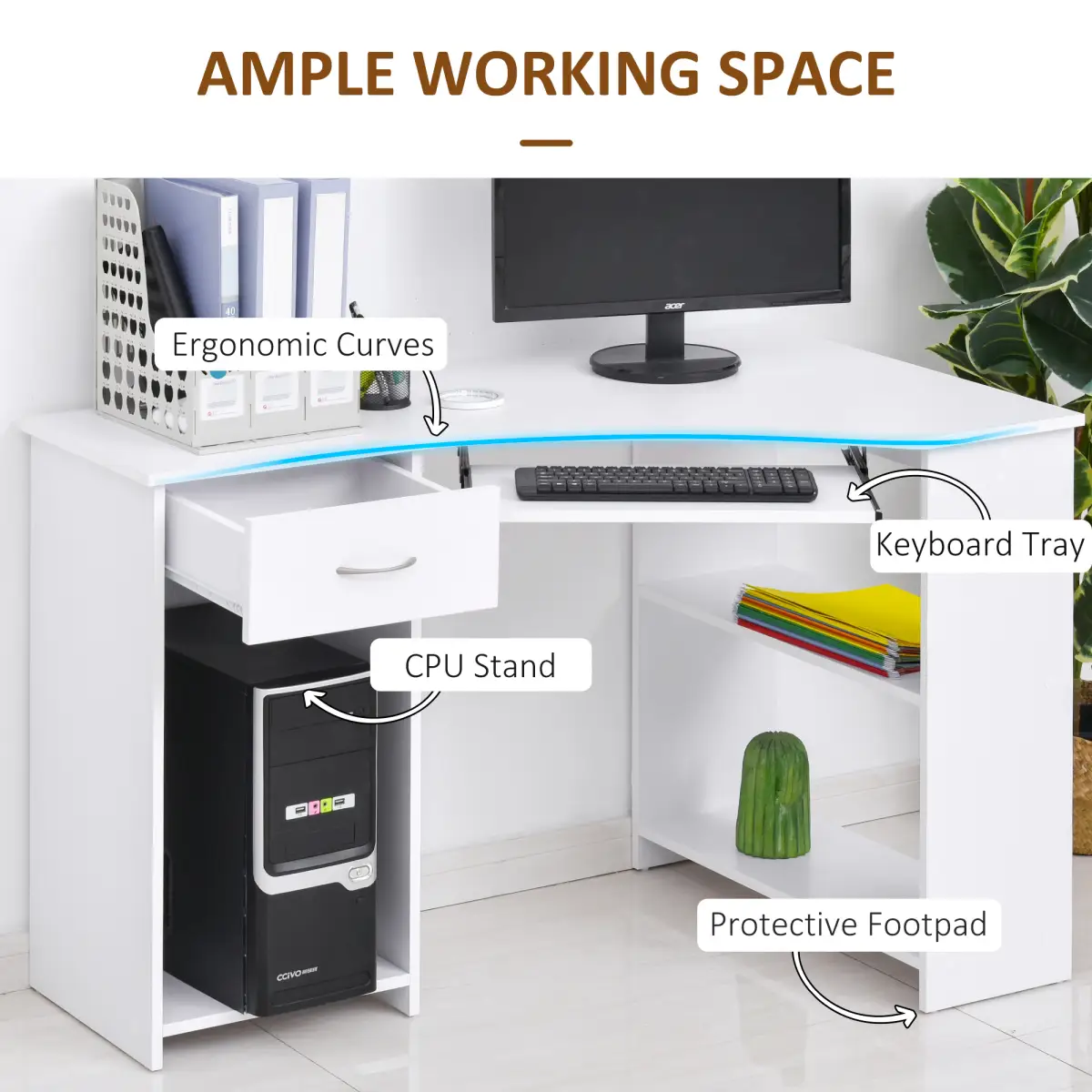 Unbranded L-Shaped Corner Computer Desk w/ 2 Shelves Worktop Keyboard Tray White - Desk