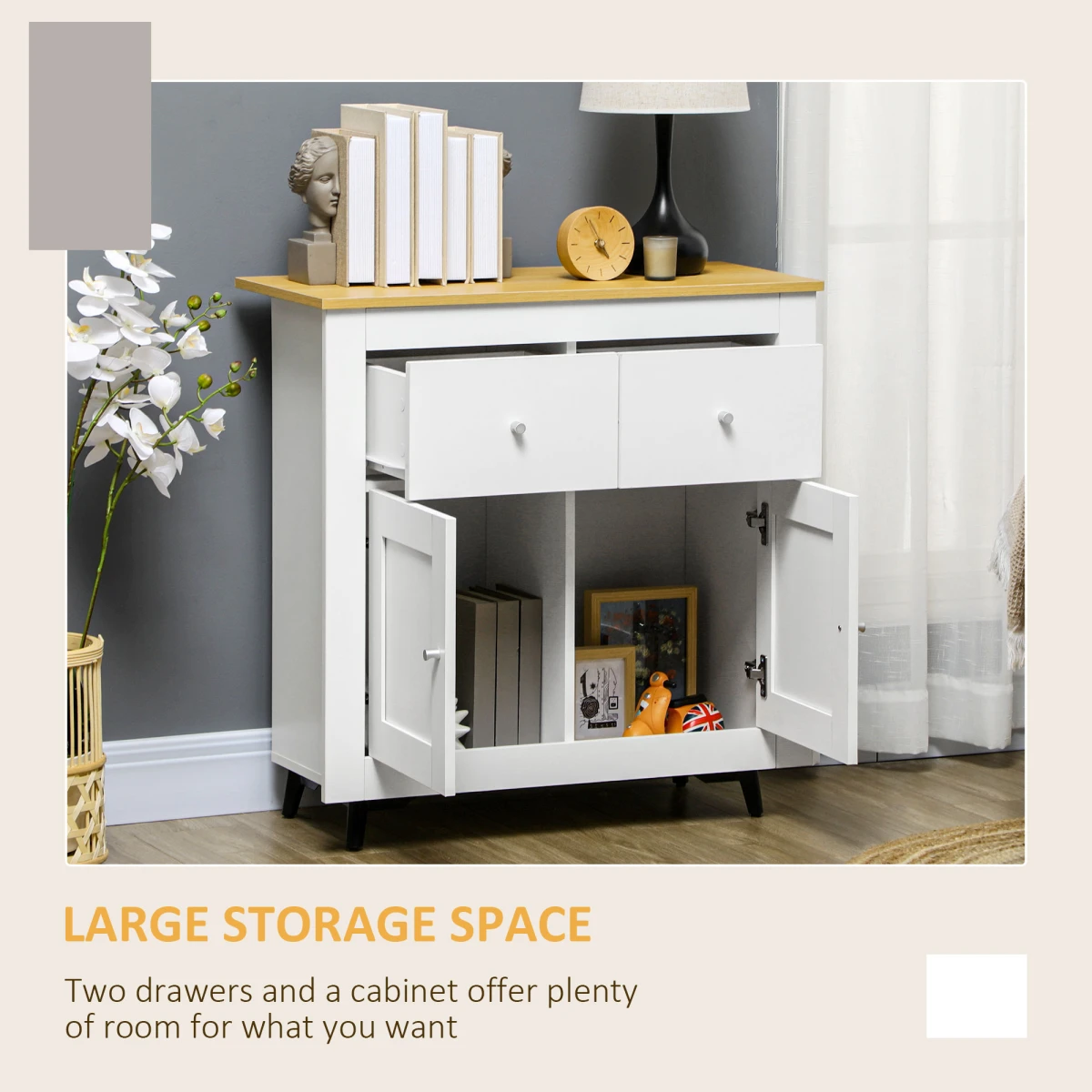 Premium White Sideboard Storage Cabinet Standard Wood Top Two Drawers Hallway Use by HOMCOM