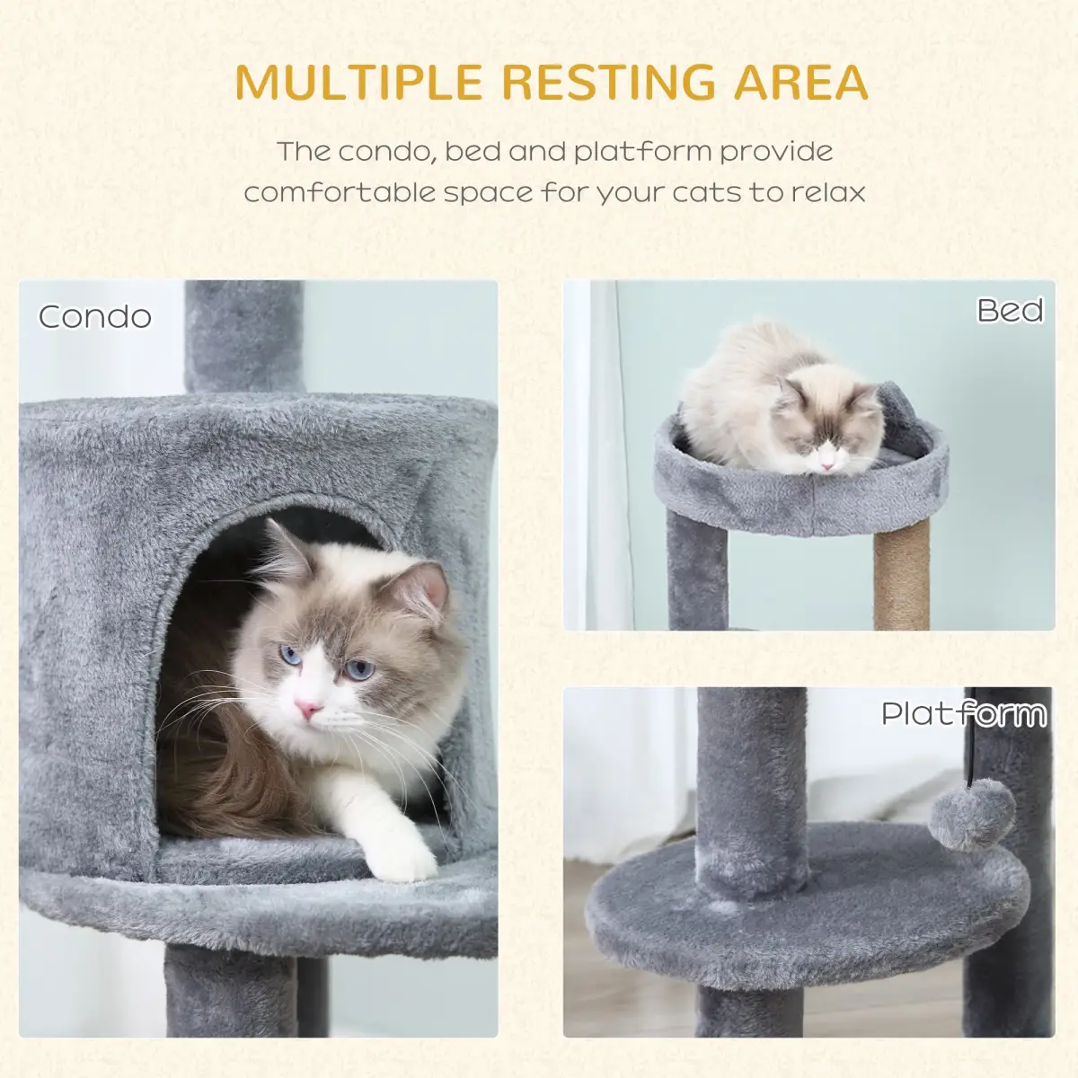 Pawhut 104cm Deluxe Cat Activity Tree w/ Scratching Posts Ear Perch House - Grey - Cat Tree