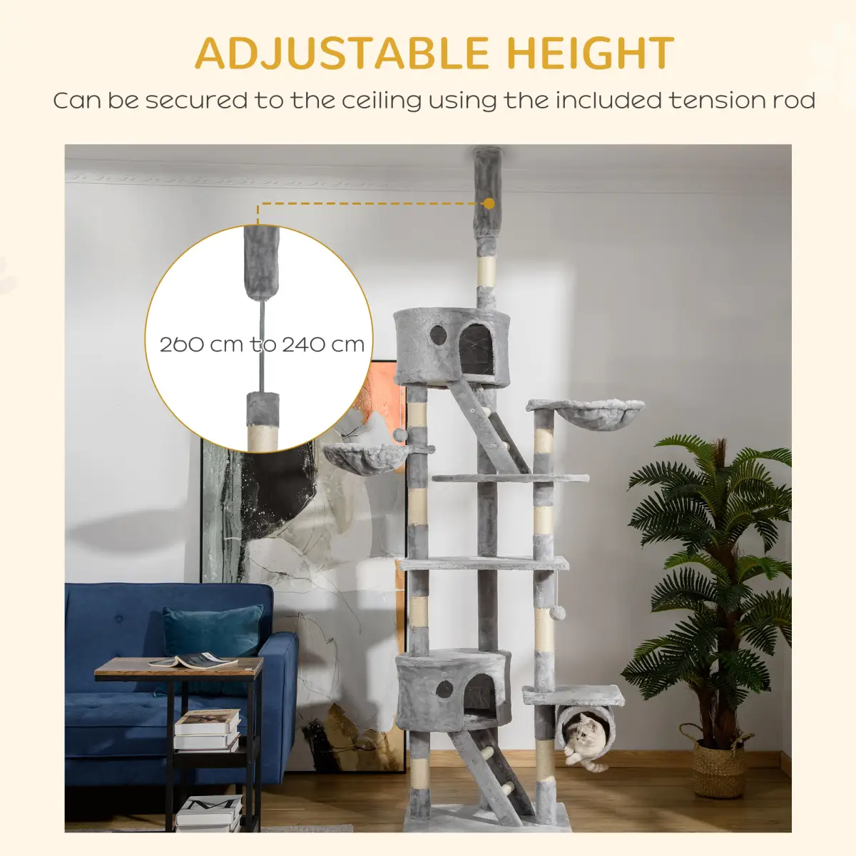PawHut PawHut 240-260cm Floor to Ceiling Cat Tree with Scratching Posts - Light Grey - Cat Tree