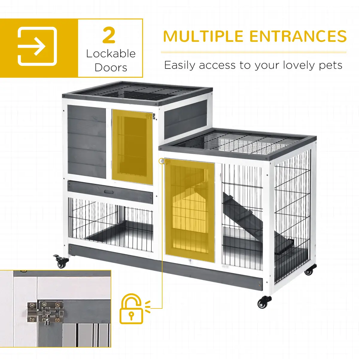 Pawhut Wooden Rabbit Hutch Bunny Guinea Pigs House Cage Wheels Indoor 110 x 50 x 86cm - Rabbit Hutch