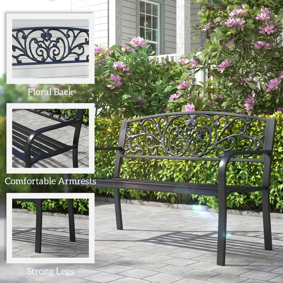 Outsunny 2-Seater Garden Bench, Steel-Black - Garden Chairs