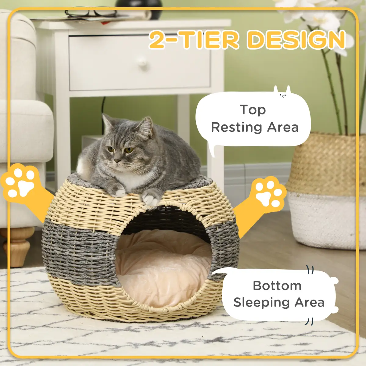 PawHut PawHut Wicker Cat House, Rattan Raised Cat Bed w/ Soft Cushion, 40 x 30cm - Cat House