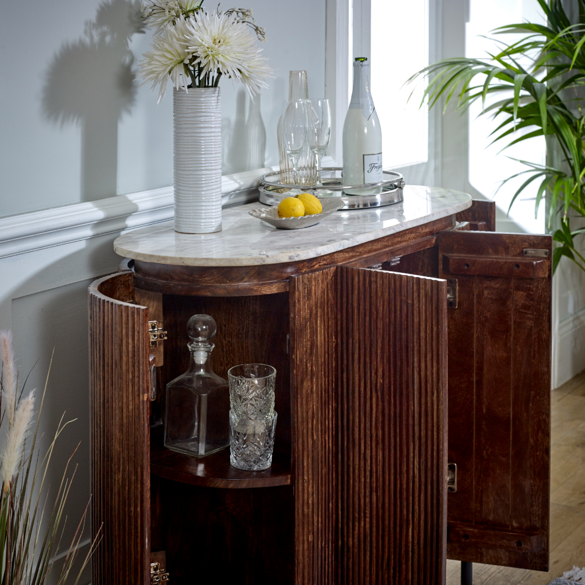 Opal Solid Wood Sideboard/Drinks Cabinet With Marble Top & Metal Legs - from Indian Hub