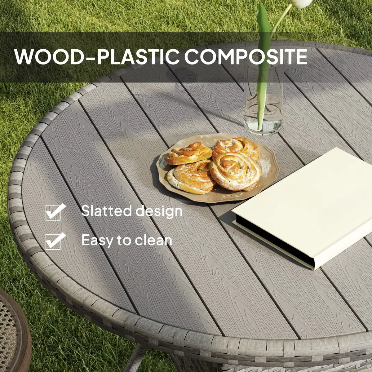 Outsunny Outsunny Outdoor PE Rattan Dining Table w/ Wood-plastic Composite Top, Grey - Garden Table
