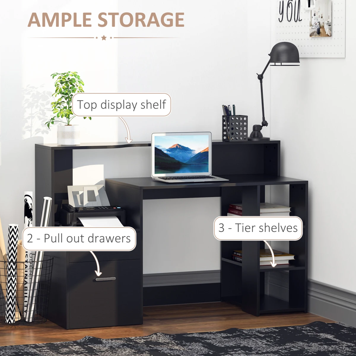HOMCOM Desk With Shelves 3Drawer Storage Office by Unbranded