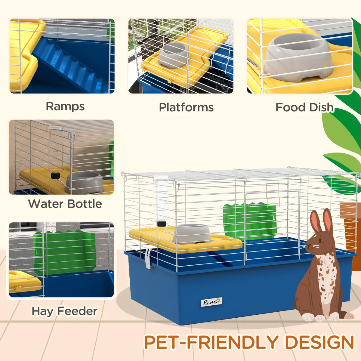 PawHut PawHut Small Animal Cage, Rabbit Guinea Pig Hutch, Pet Playhouse, Blue - Pet Cage
