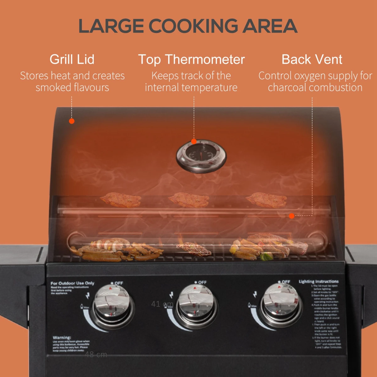 Outsunny 3 Burner Gas BBQ Grill Portable Barbecue Trolley Warming Rack Storage Cabinet - Wine Rack
