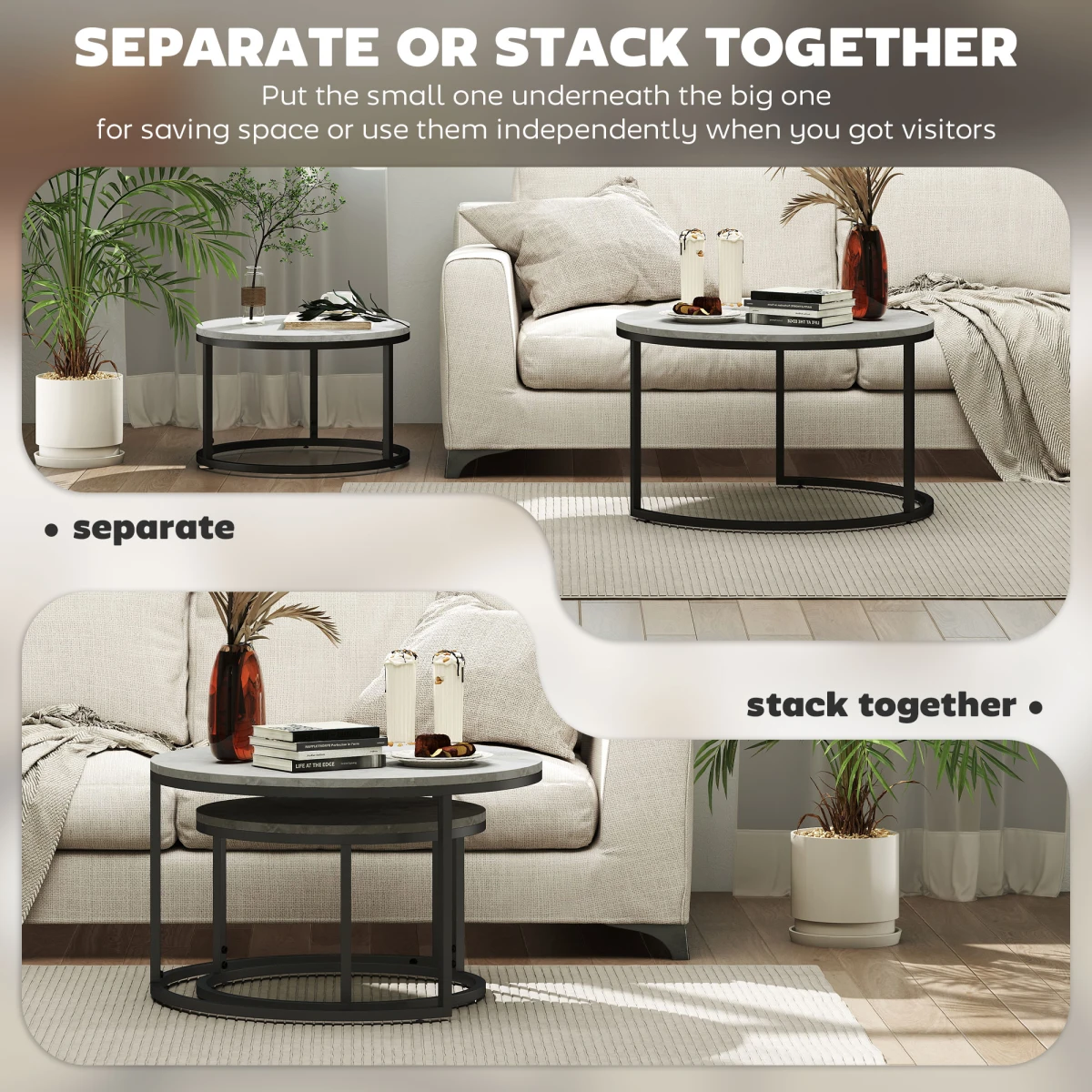 Sturdy Stacking Coffee Tables 2-Pc Marble-Top Home - Coffee Table