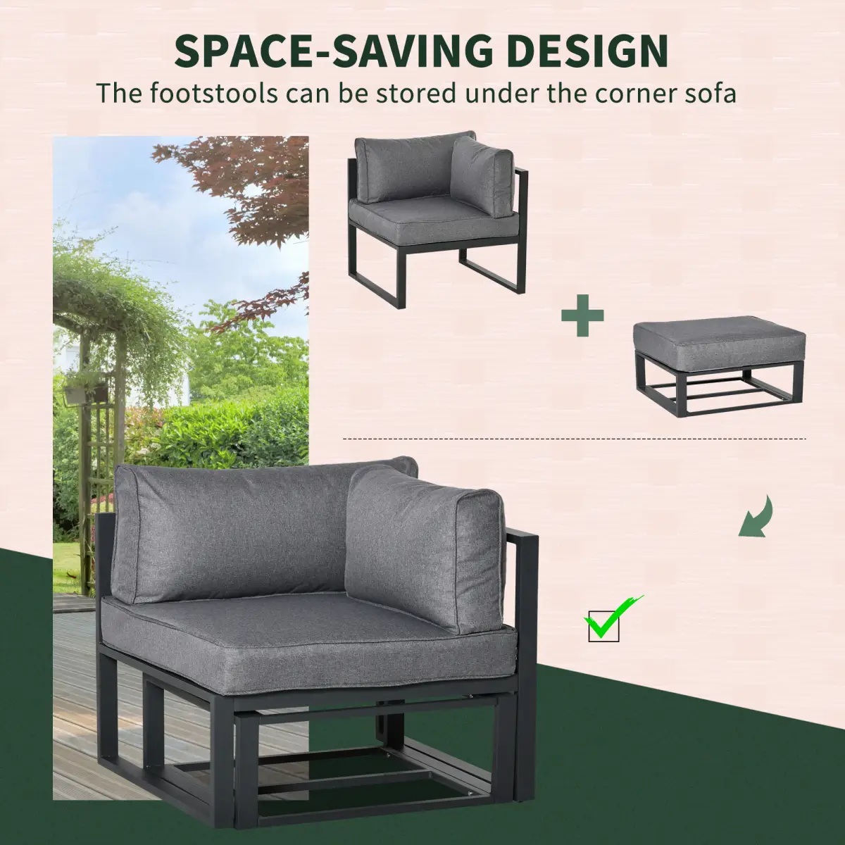 Outsunny Daybed 6 Piece Sectional Sofa Set, & Coffee Table, Footstool & Cushions, Grey - Garden Sofa Sets