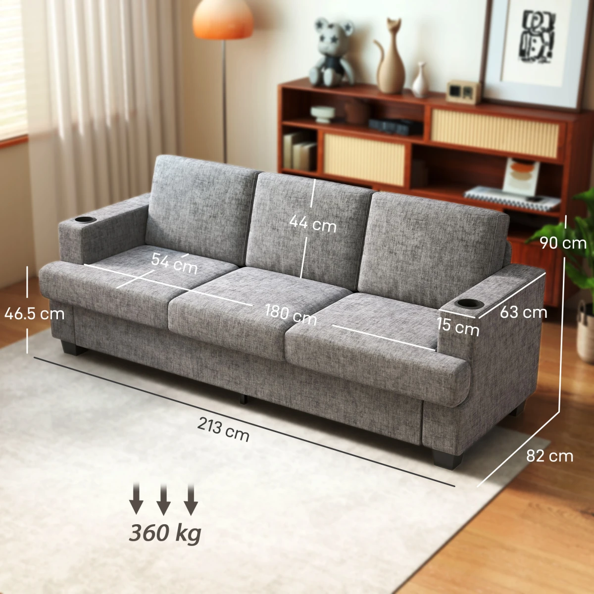 Homcom Sofa 3 Seater Gray With USB Ports Cup Holders Home by HOMCOM