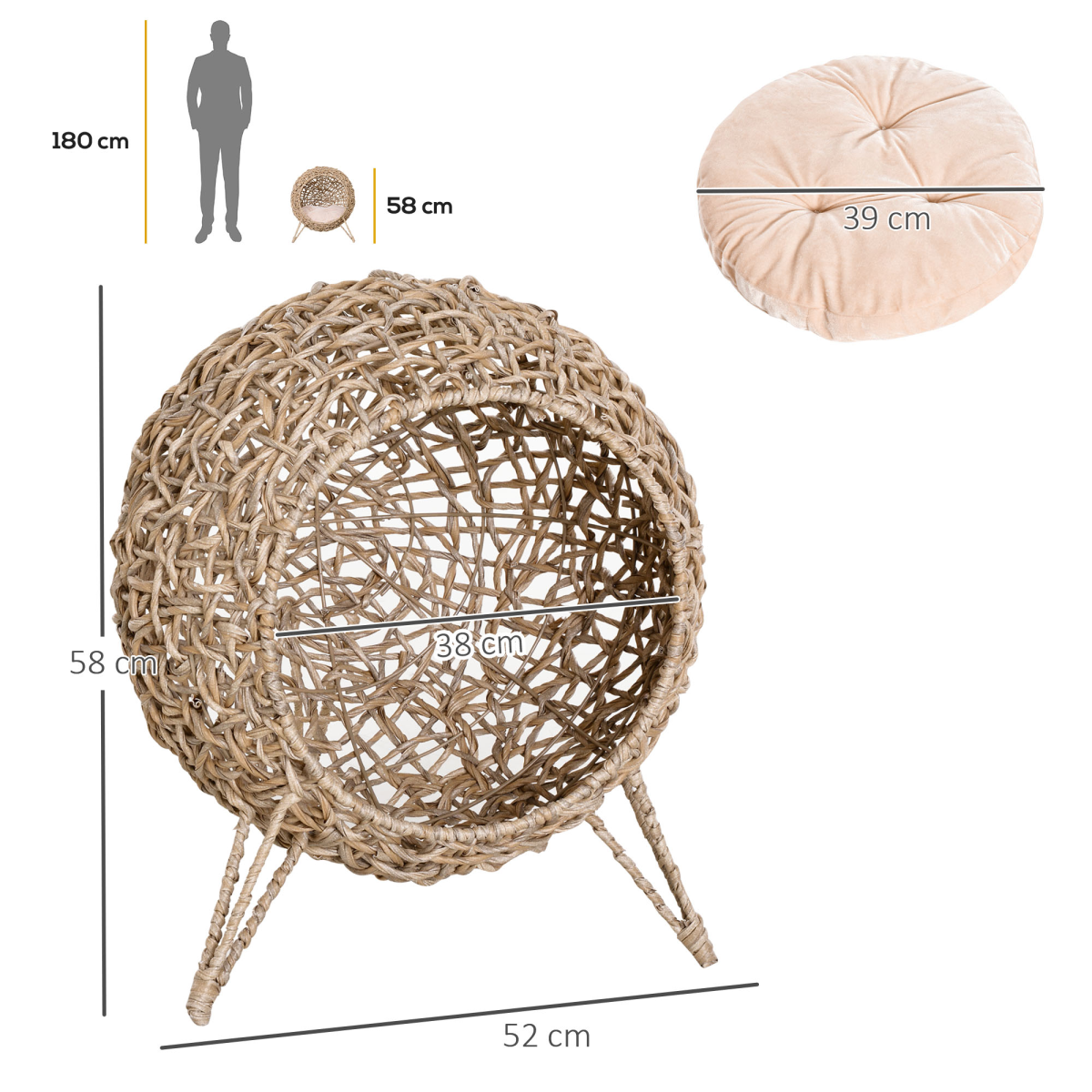 Rattan Elevated Cat House Kitten Bed Pet Furniture w/ Cushion Natural - from PawHut