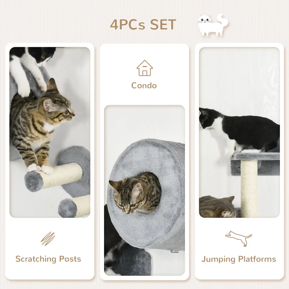 PawHut Four-Piece Wall-Mounted Cat Tree with Platforms, Steps, Perch, Cat House - Grey - Cat Tree