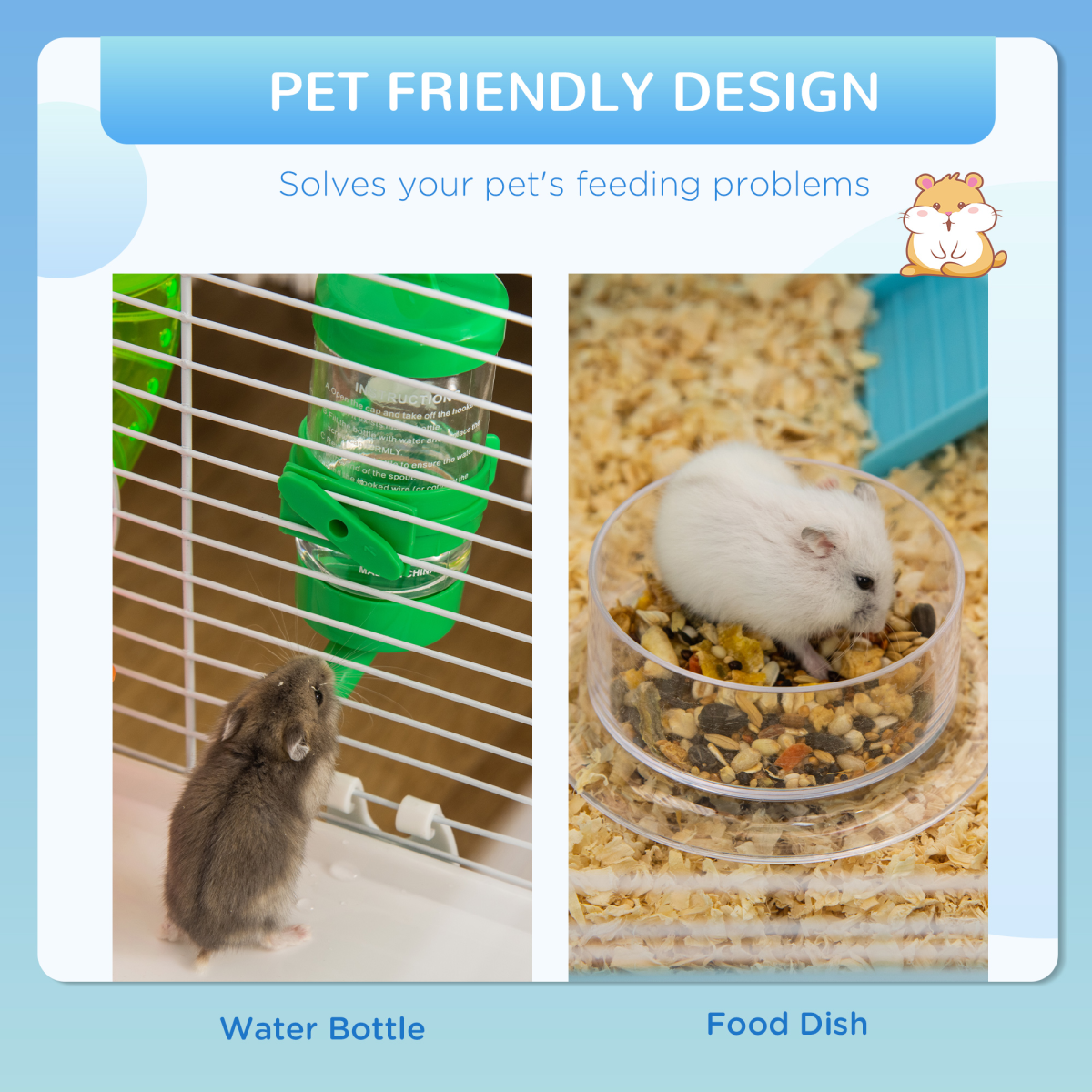 Hamster Cage Rodents House w/ Tubes Exercise Wheel, Water Bottle - Blue - from Pawhut