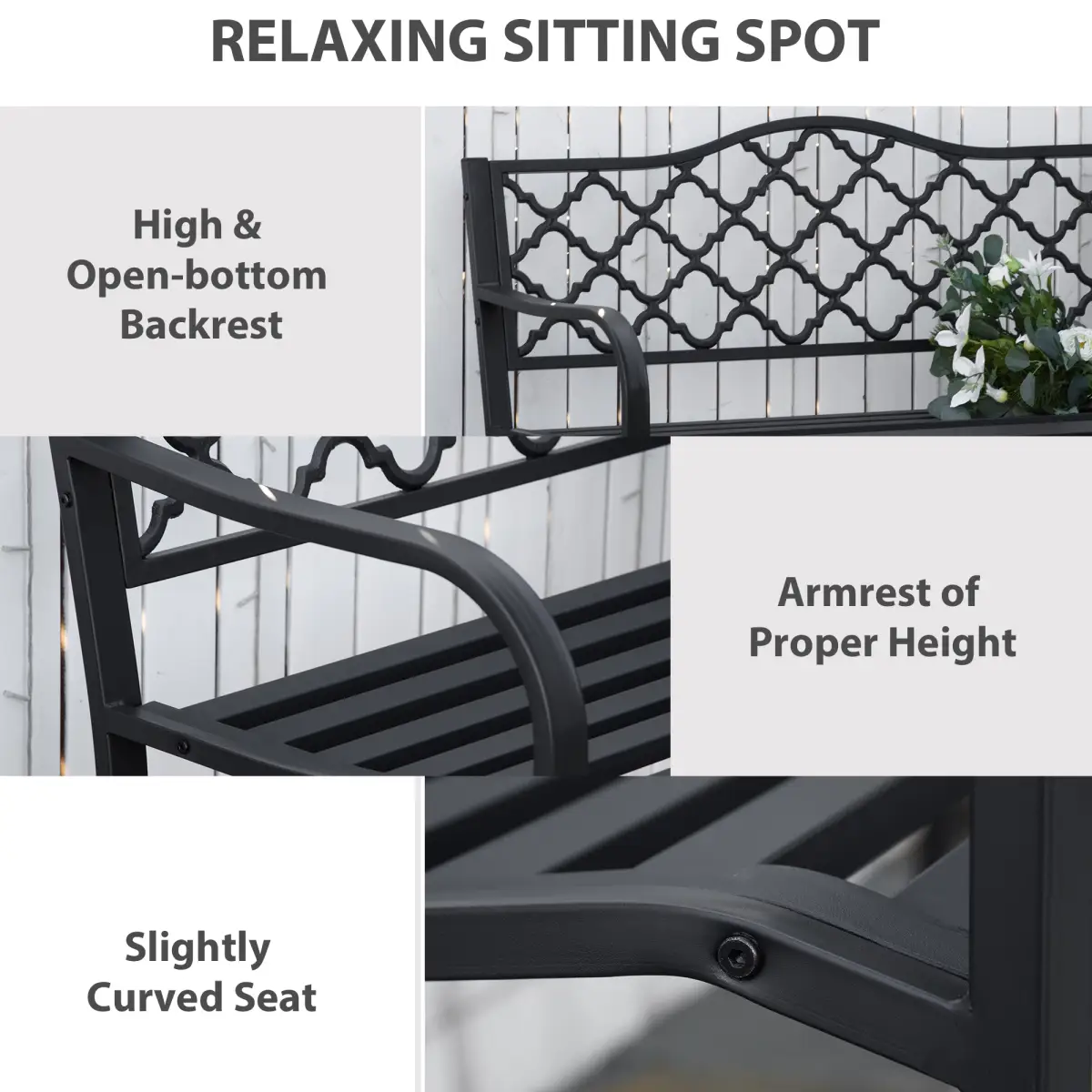 Outsunny 2-Seater Outdoor Garden Bench Antique Steel Armrest, - Garden Chairs
