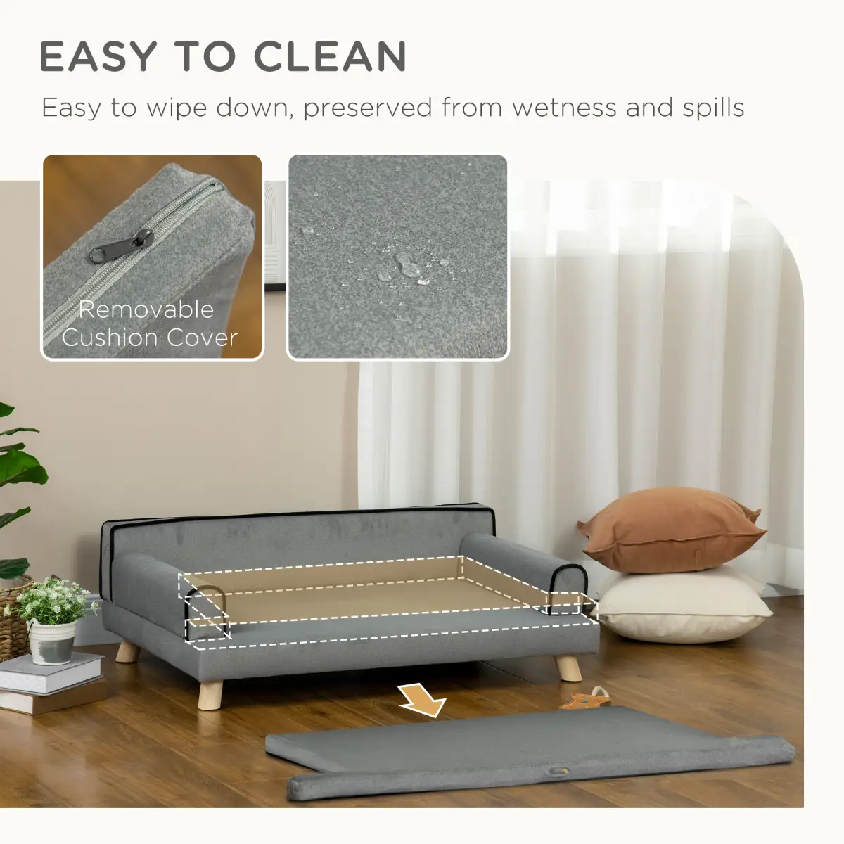 PawHut Pet Sofa for Large, Medium Dogs, with Wooden Legs Water-resistant Fabric, Grey - Dog Beds