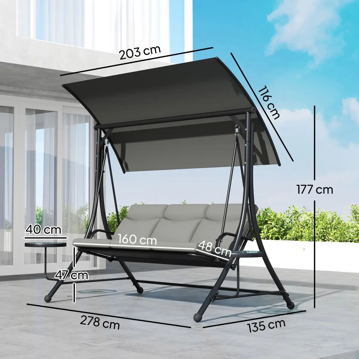 Outsunny Outsunny 3 Seat Garden Swing Chair Steel w/ Adjustable Canopy and Coffee Tables - Hammocks