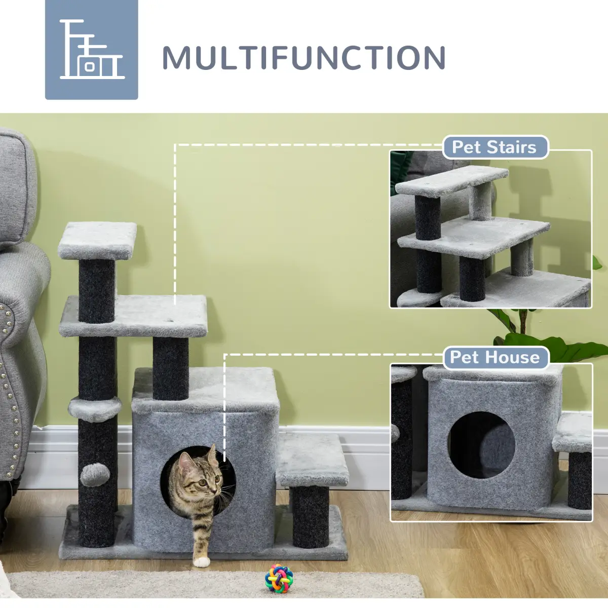 Unbranded Cat Steps for Bed, Sofa Adjustable Height w/ Hanging Ball - Grey Pawhut - Dog Steps