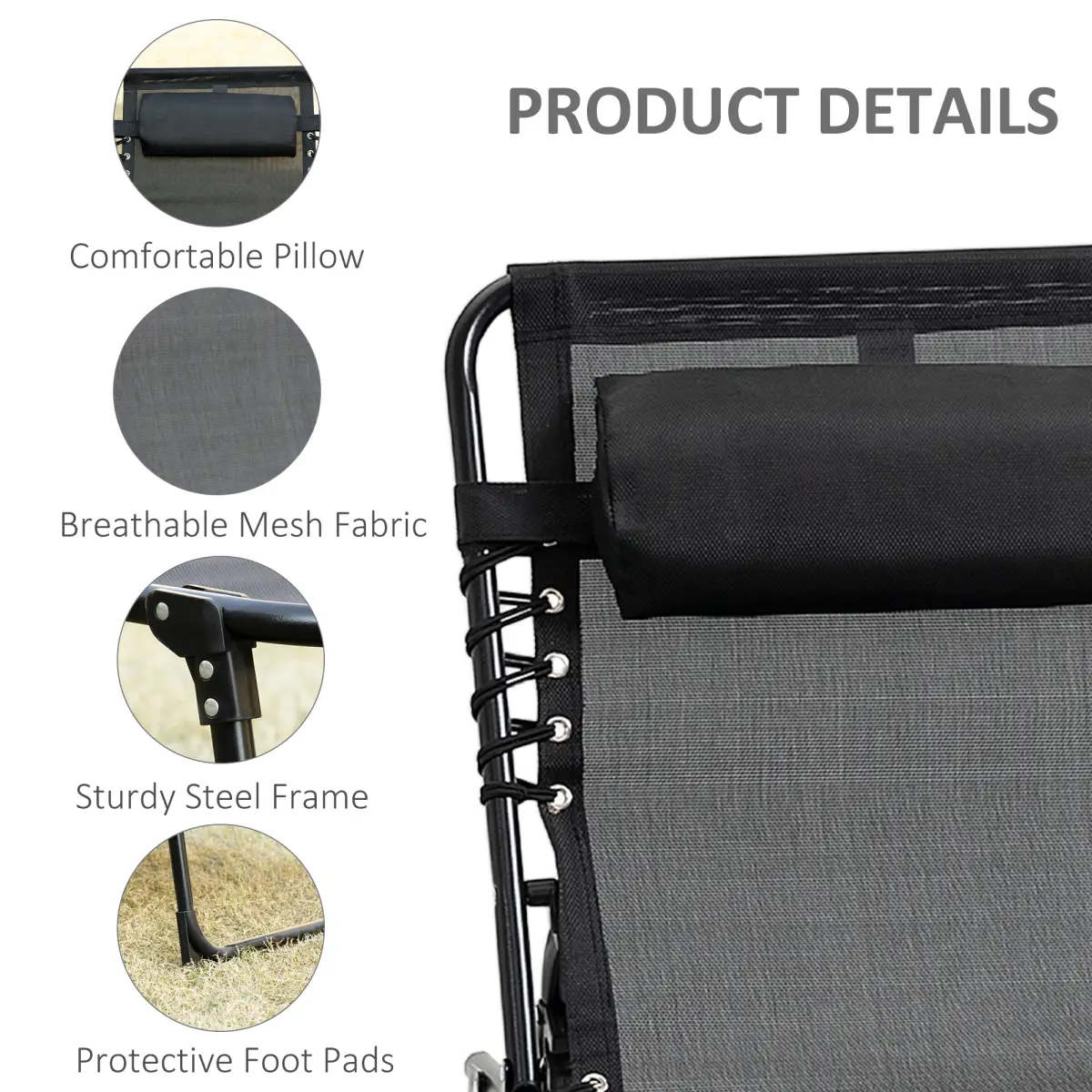 Outsunny Lounger Folding Reclining Camping Bed 5-position Adjustable Black - Sun Lounger