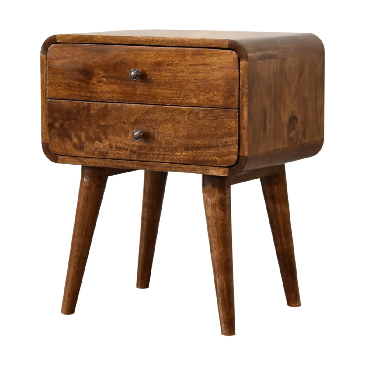 Artisan Bedside Table Compact Nightstand Solid Mango Wood 2 Drawers Curved Chestnut Finish for Bedroom Decor by Artisan Furniture