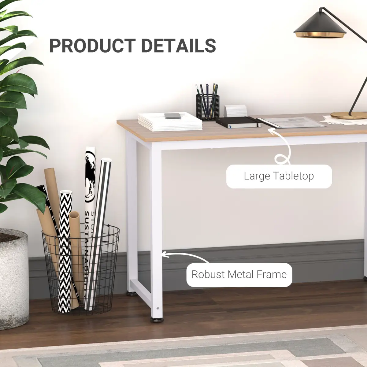 HOMCOM Computer Desk W/ White Metal Frame MDF, 120W x 60D x 76Hcm-Oak Grain Tone - Desk