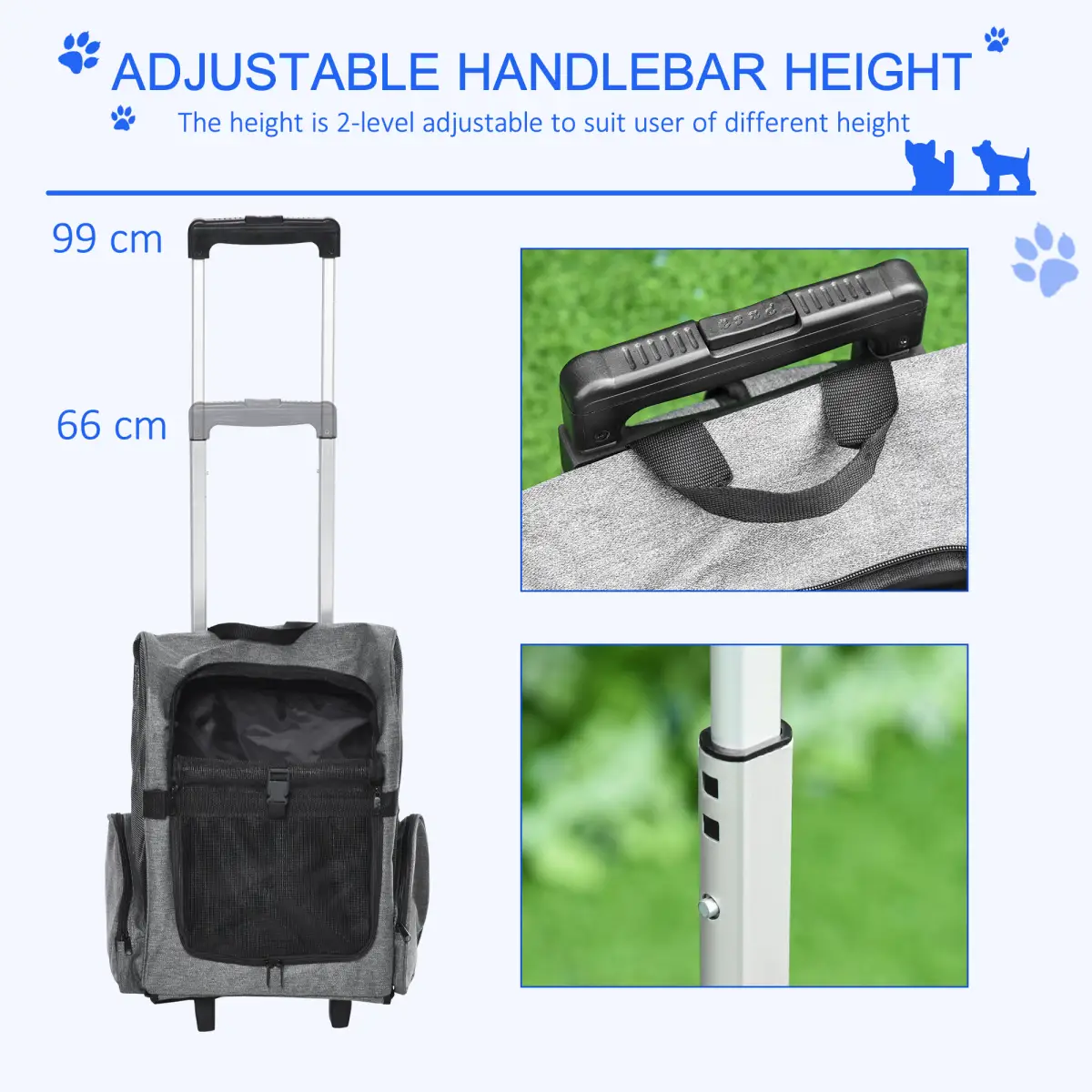 Pawhut Pet Travel Backpack Bag Cat Dog Carrier w/ Trolley and Telescopic Wheel Grey - Pet Carrier