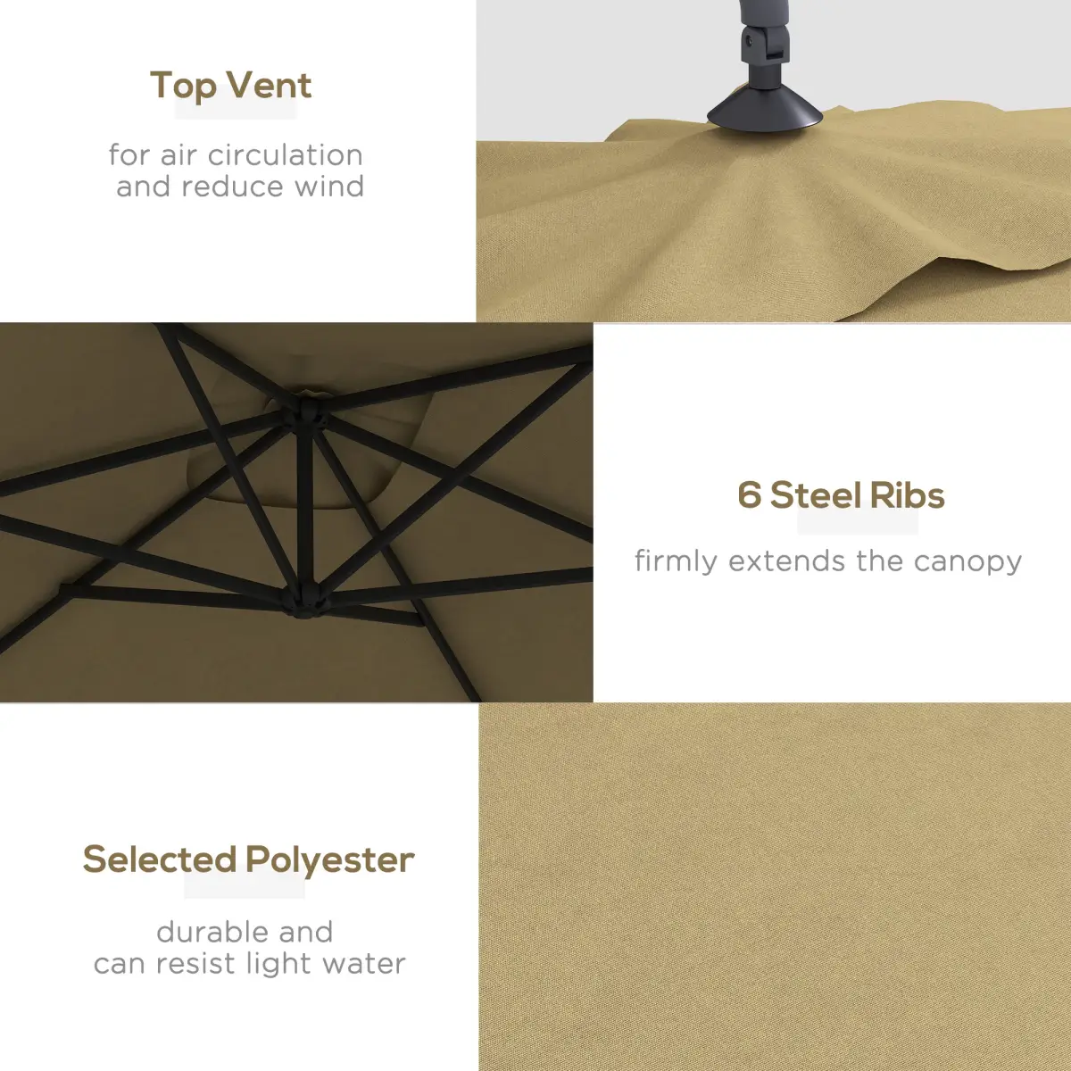 Outsunny Outsunny 3 m Cantilever Parasol with Cross Base, Crank Handle, 6 Ribs, Brown - Parasol