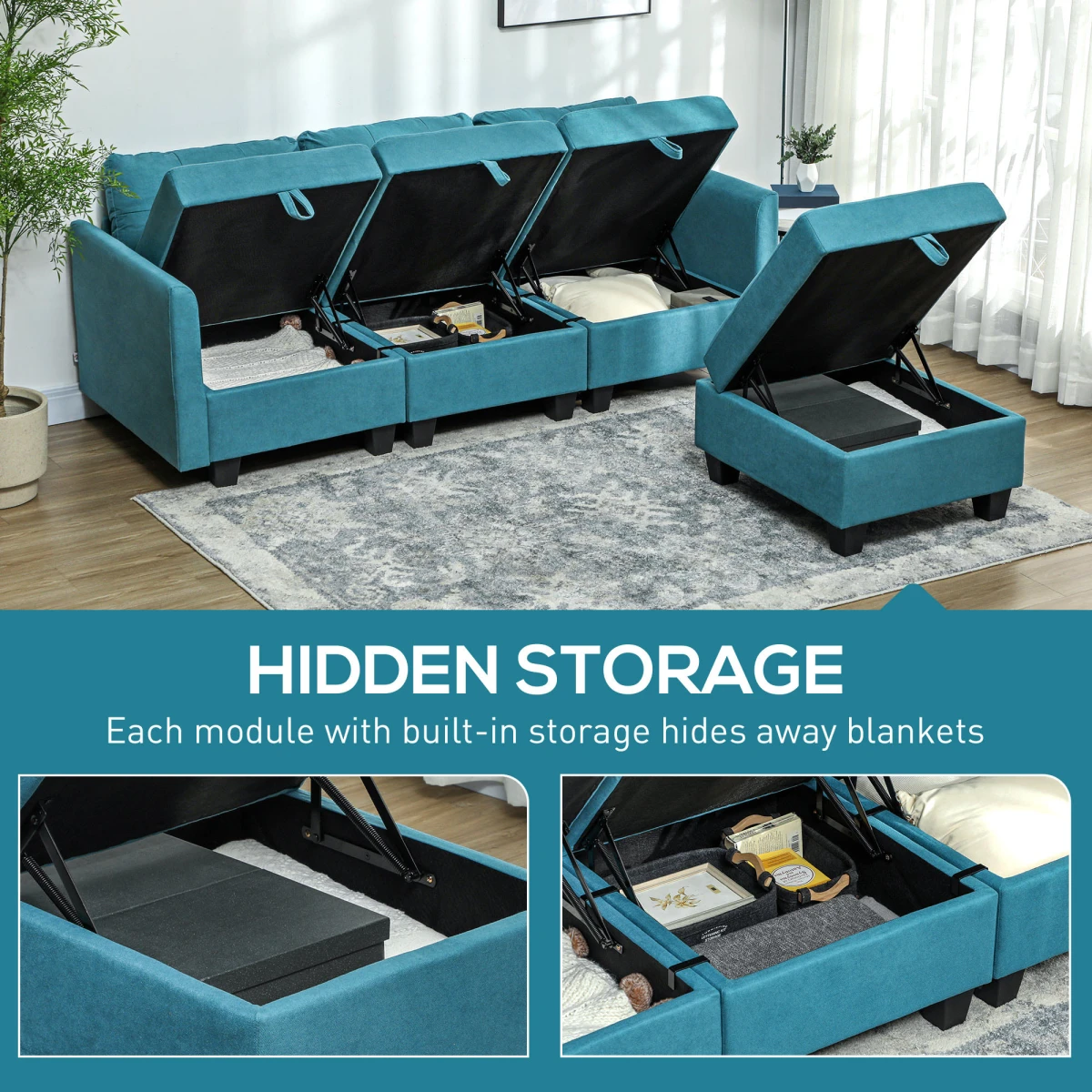 HOMCOM L Shaped Modular Sofa With Storage Light Blue - Sofa