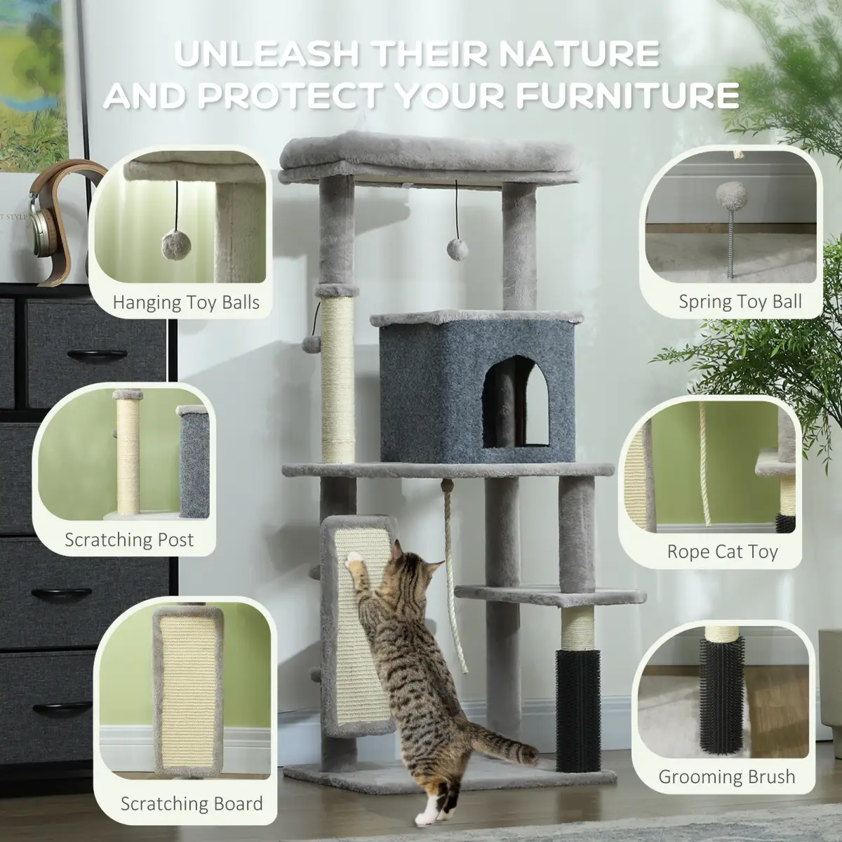 PawHut PawHut 132cm Cat Tree for Indoor Cats w/ Scratching Posts, Light Grey - Cat Tree