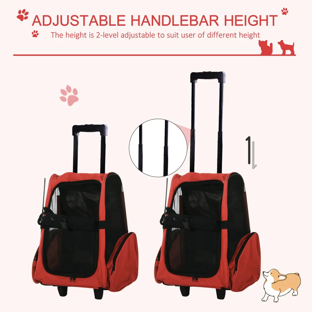 Pawhut Pet Travel Backpack Bag Cat Puppy Dog Carrier w/ Trolley and Telescopic Handle - Pet Carrier
