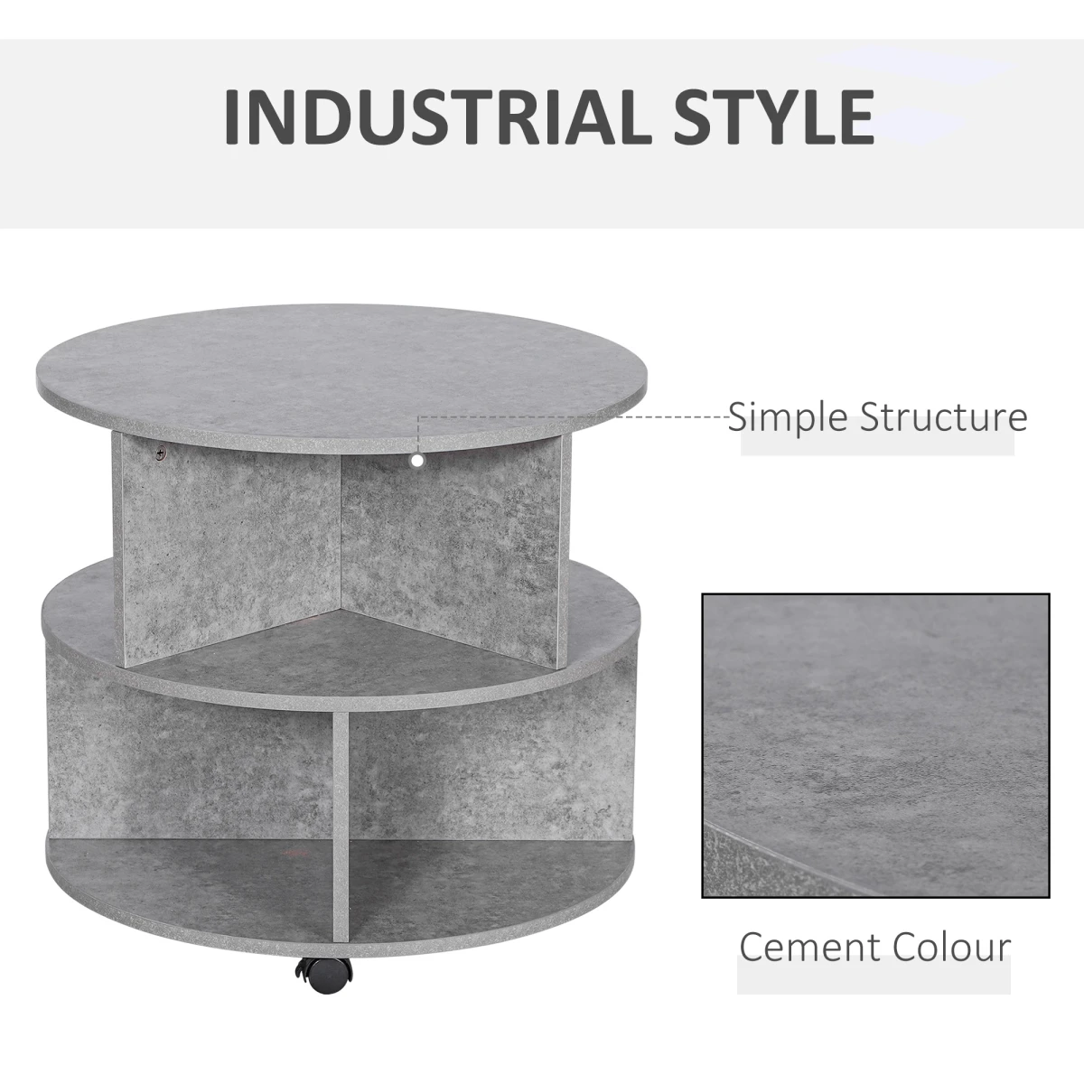 HOMCOM Concrete Finish Round Coffee Table 60x39.5cm Two Tier With Sector Shelves For Living Room - Coffee Table