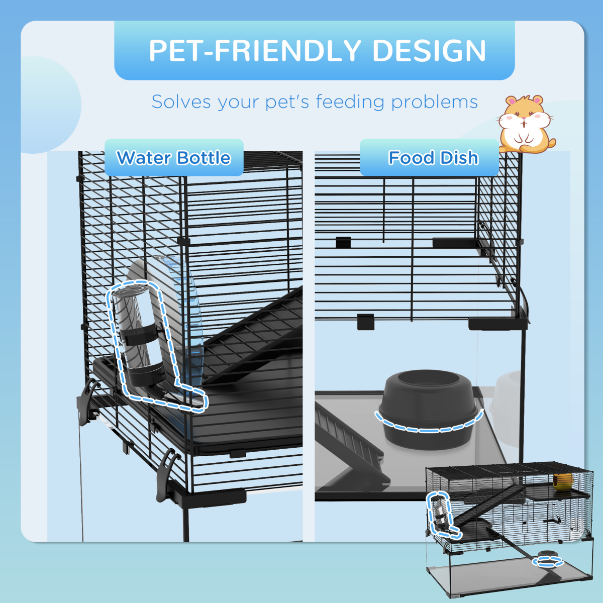 3 Tiers Hamster Cage w/ Deep Glass Bottom, Dish, Hut, 78.5 x 48.5 x 57cm - from PawHut
