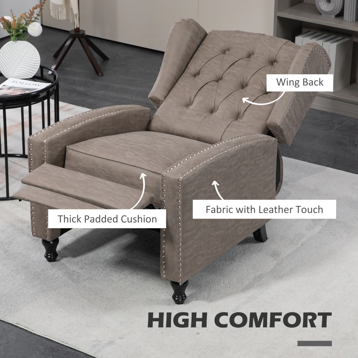 HOMCOM Armchair Standard Size Manual Reclining Footrest Nailhead Trim Brown Living Room by HOMCOM