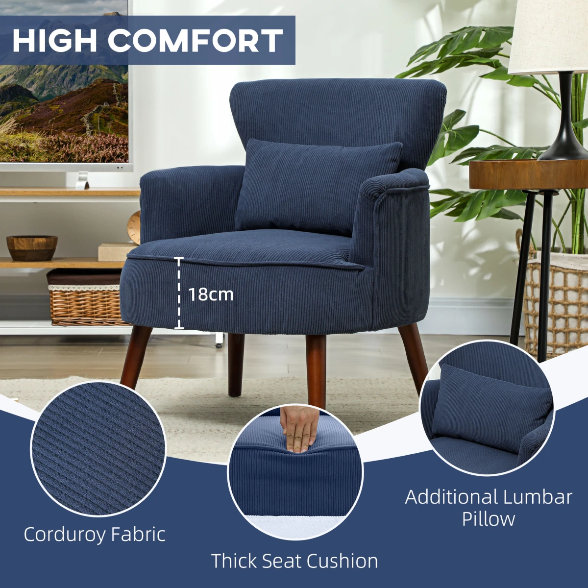 HOMCOM Armchair 18cm Cushion Wingback Blue Corduroy Home Use by HOMCOM