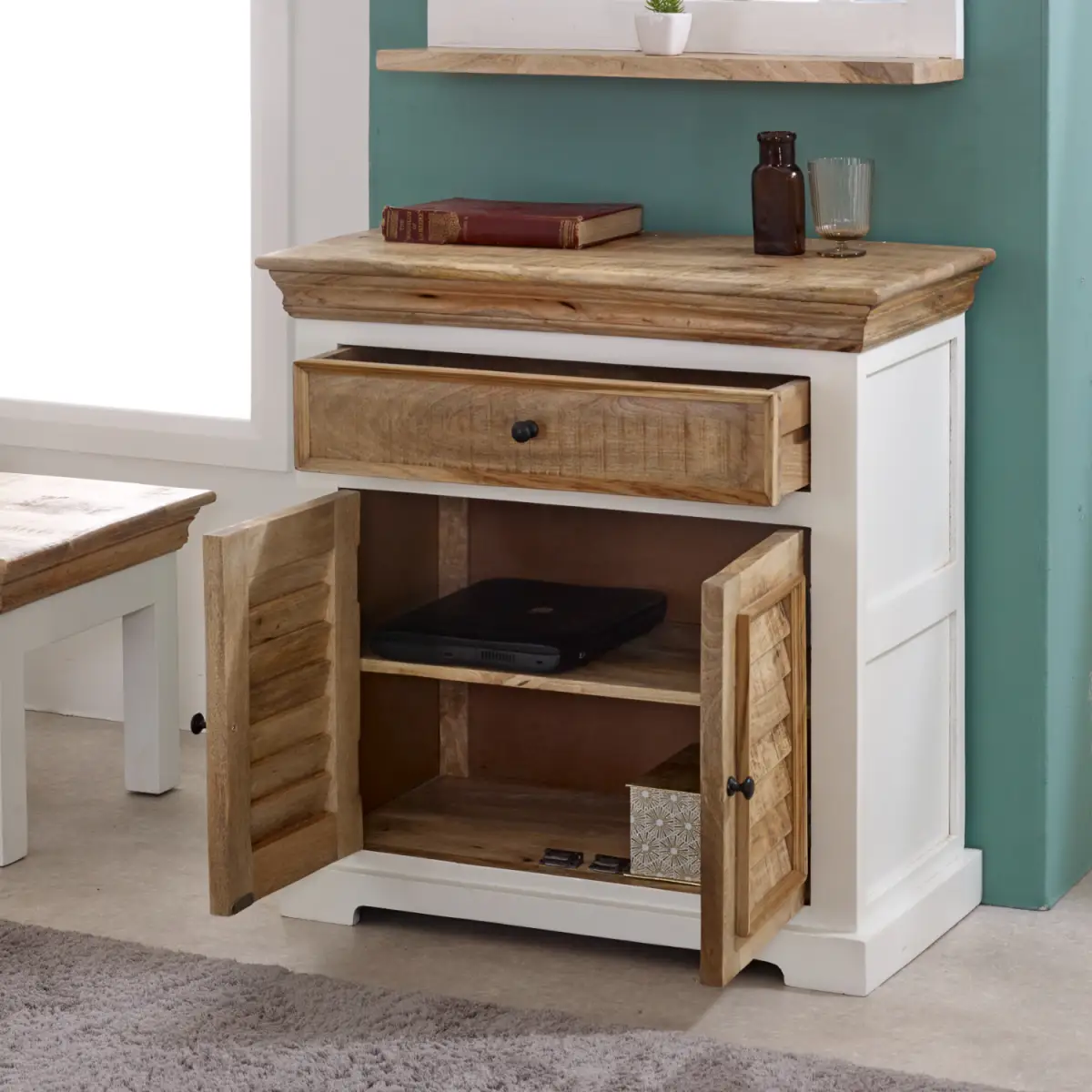 Alfie Mango Wood Sideboard 57x28x10cm 1 Drawer 2 Doors White Natural Finish Handcrafted In India For Living Room Storage - Indian Hub - Home Symphony