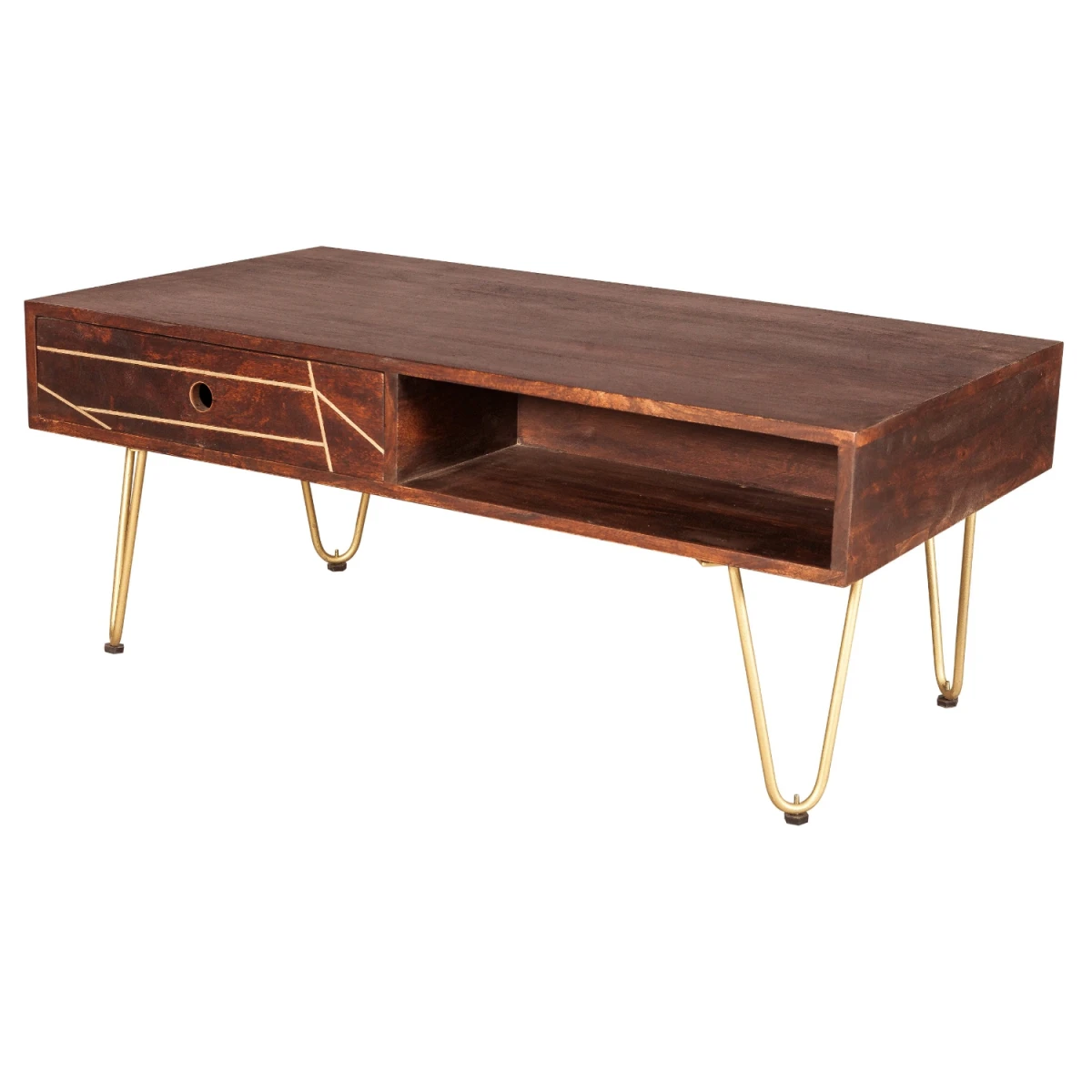 Indian Hub Premium Coffee Table 48In L 24In W 16In H With Drawer Gold Hairpin Legs Living Room - Coffee Table