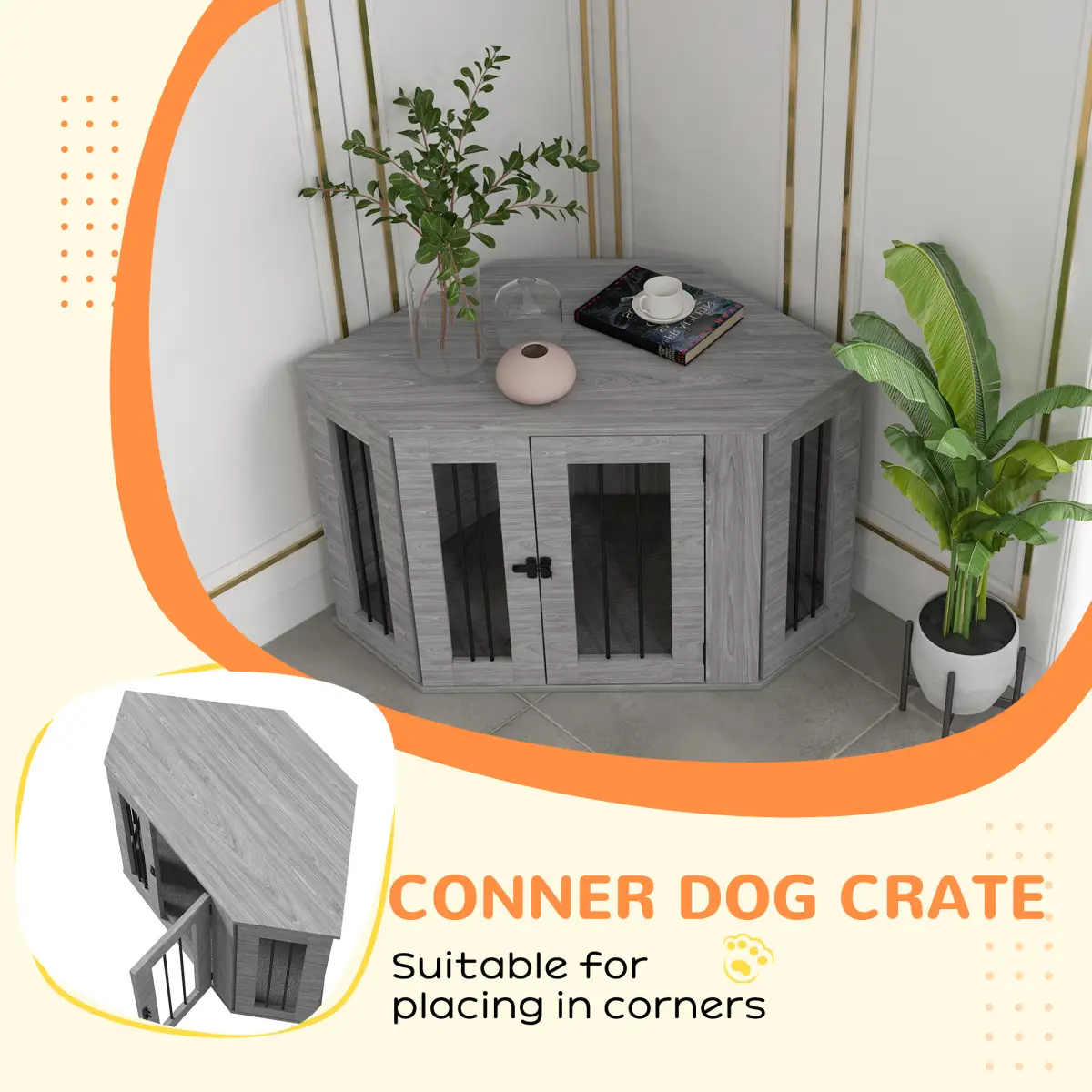 PawHut PawHut Dog Crate Furniture for Medium Dogs w/ Cushion, Large Door - Grey - Dog Crate