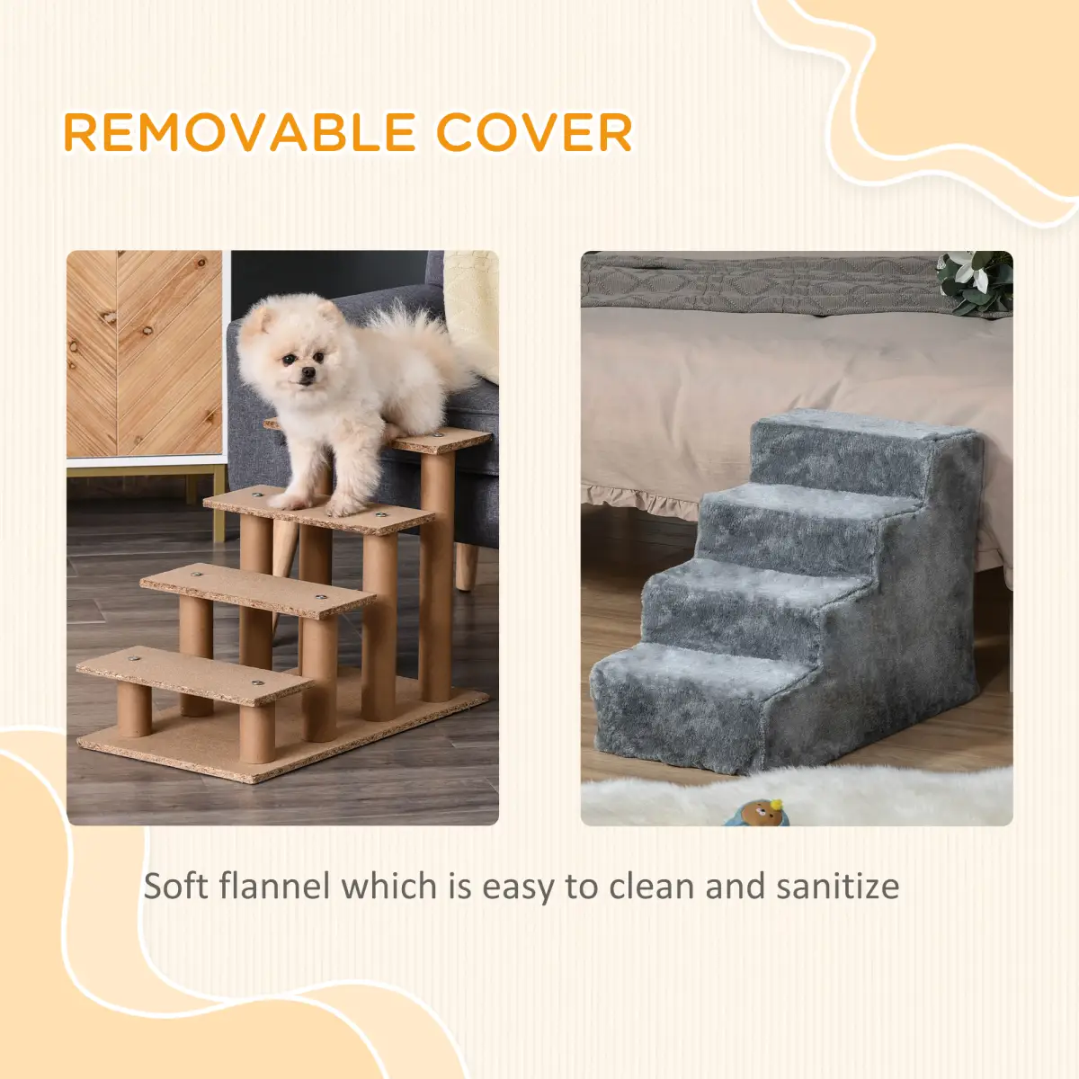 PawHut Portable Dog Stairs with Washable Plush Cover, for High Bed Sofa - Light Grey - Dog Steps