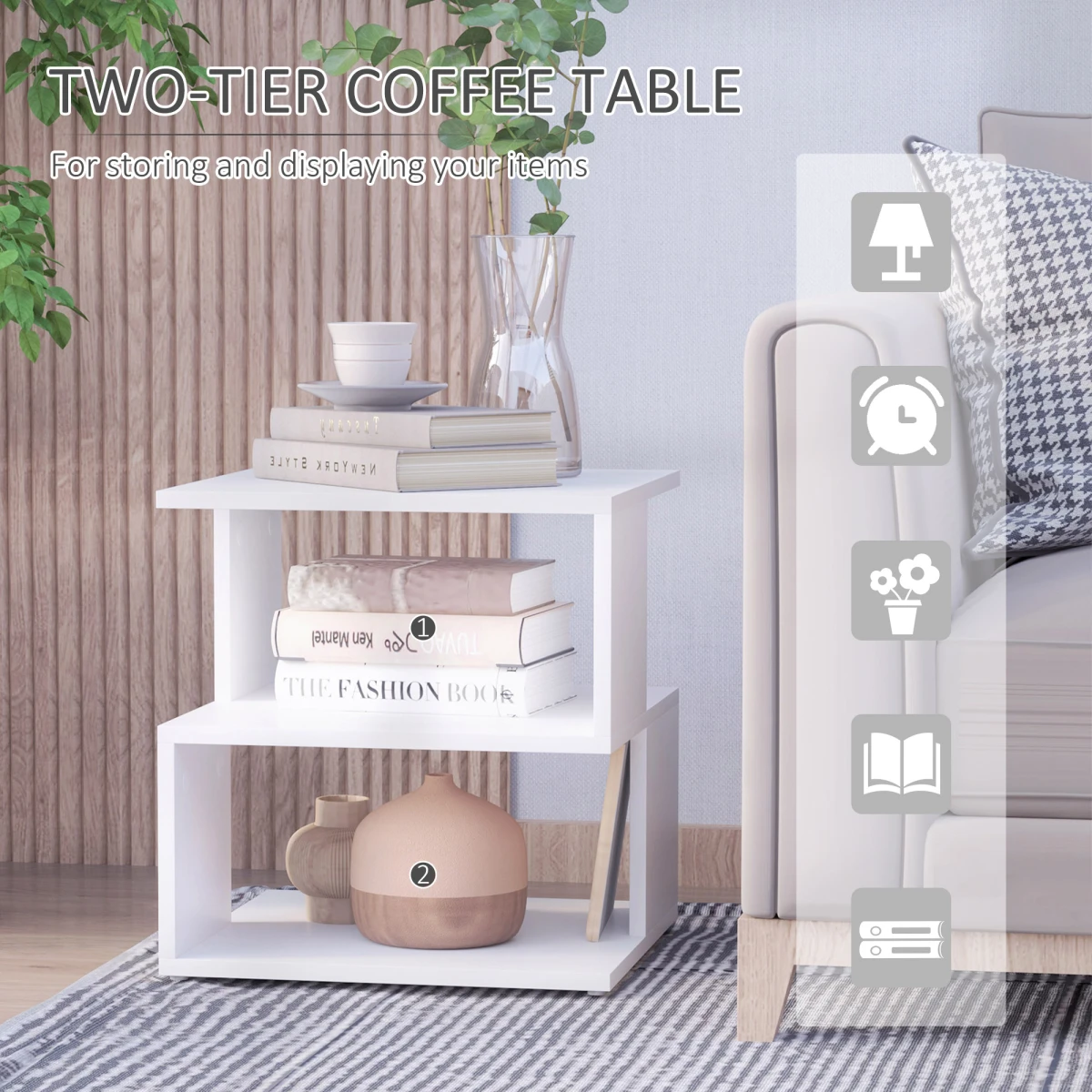 Unbranded Modern Two Tier Wood Side Table Compact Open Shelves For Living Room White Finish Sturdy Yet Lightweight - Coffee Table