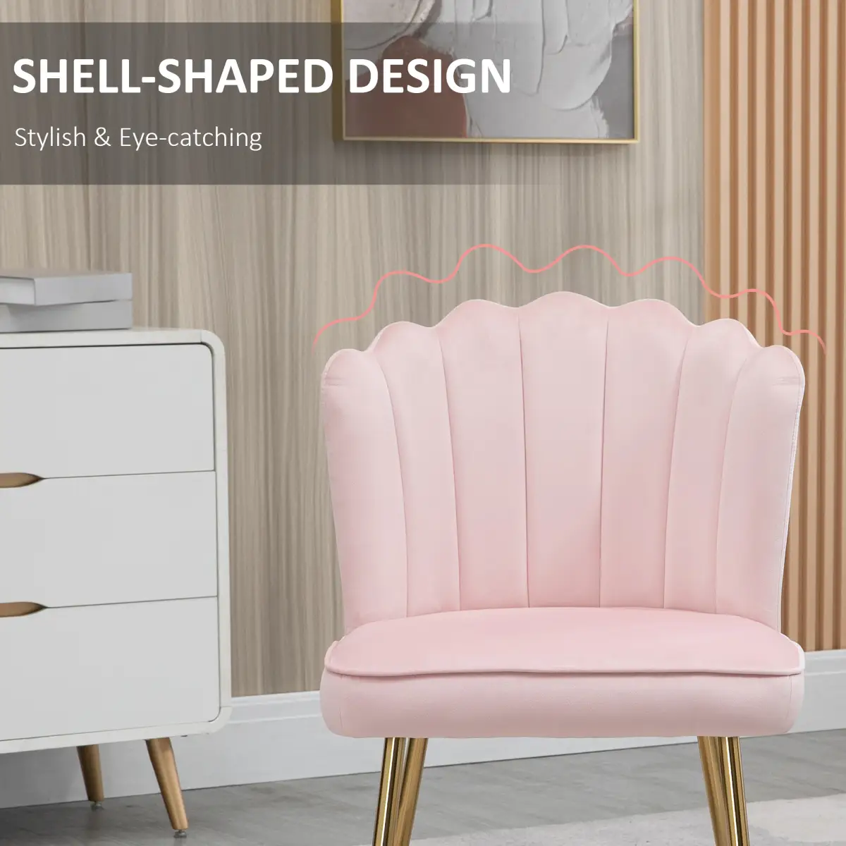 HOMCOM Velvet-Feel Shell Luxe Accent Chair Home Bedroom Lounge with Metal Legs Pink - Accent Chair