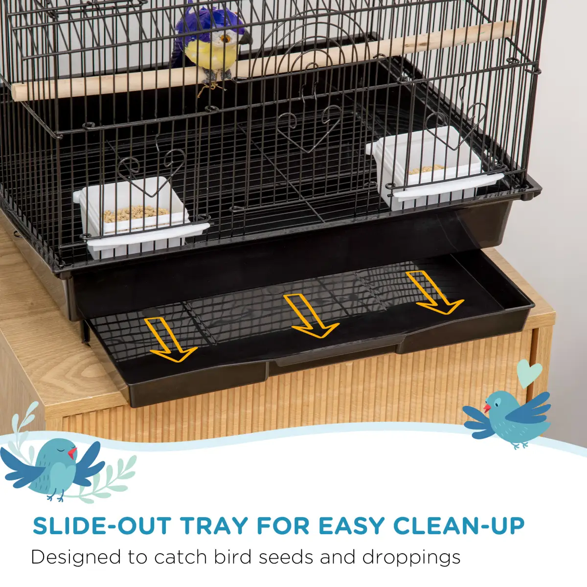 PawHut Metal Bird Cage w/ Plastic Perch Food Container Handle 50.5 x 40 x 63cm Black - Bird Cage