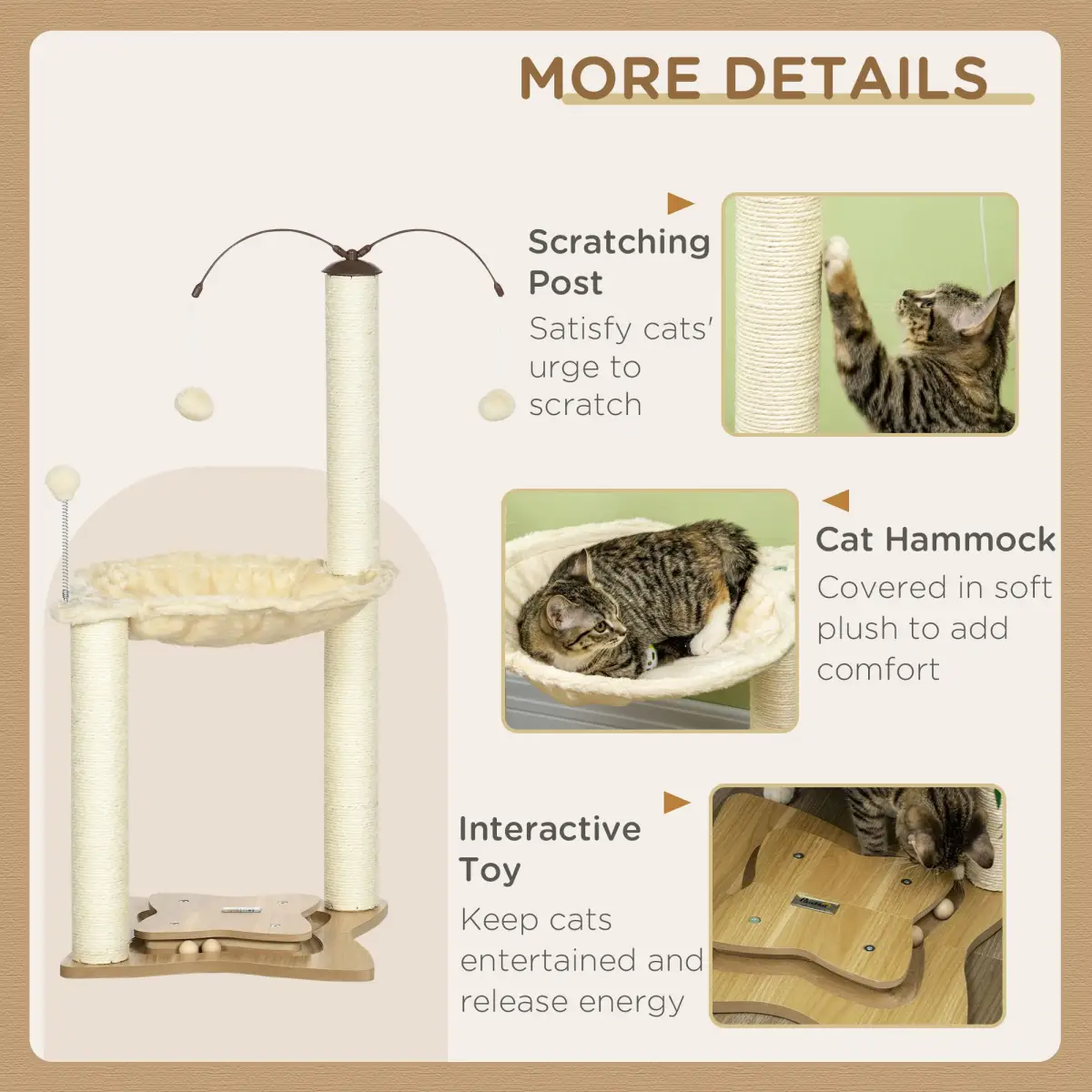 Unbranded Cat Tree for Indoor Cats w/ Scratching Posts Hammock, Toy Ball - Beige Pawhut - Cat Tree
